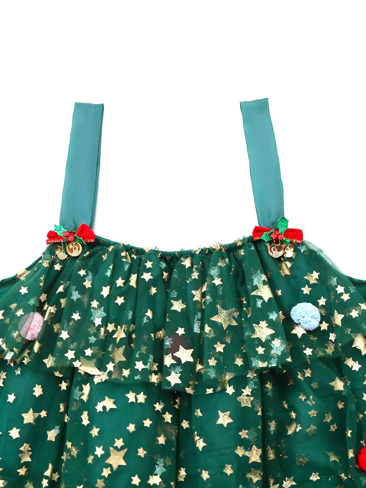 Green 1960s Christmas Tree Pom-Pom Balls Mesh Dress - Image 4