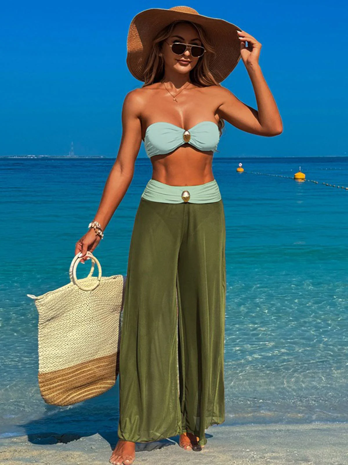 1960s Contrast Bandeau Swimsuit & Pants Cover-Up - Image 7