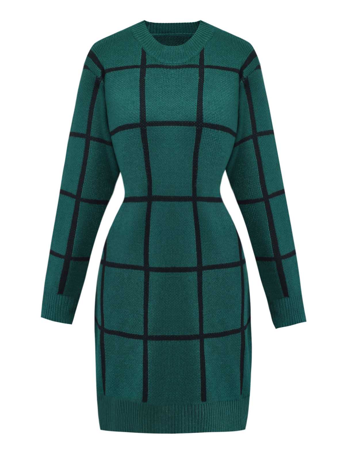 Green 1960s Crew Neck Plaid Knit Sweater Dress - Image 2