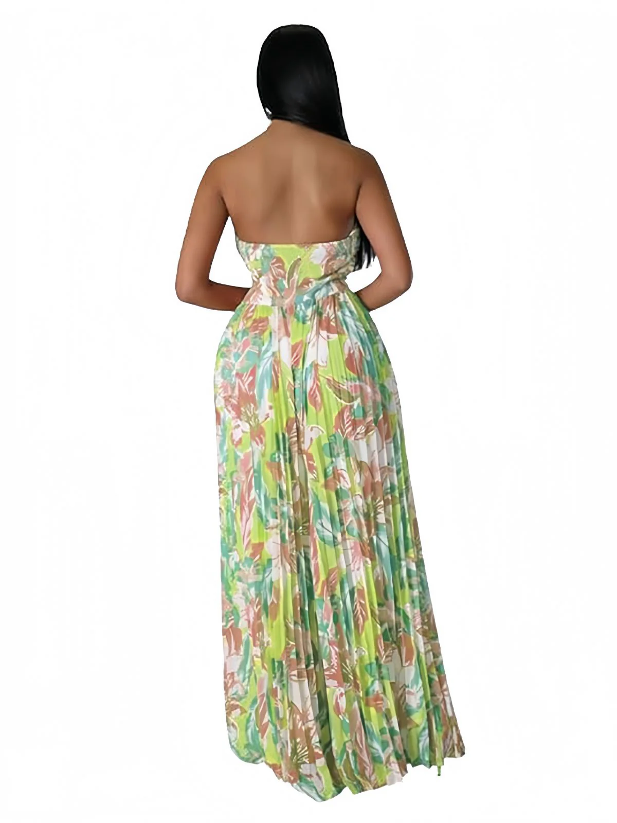 Green 1960s Floral Strapless Hollow Twist Pleated Jumpsuit - Image 4