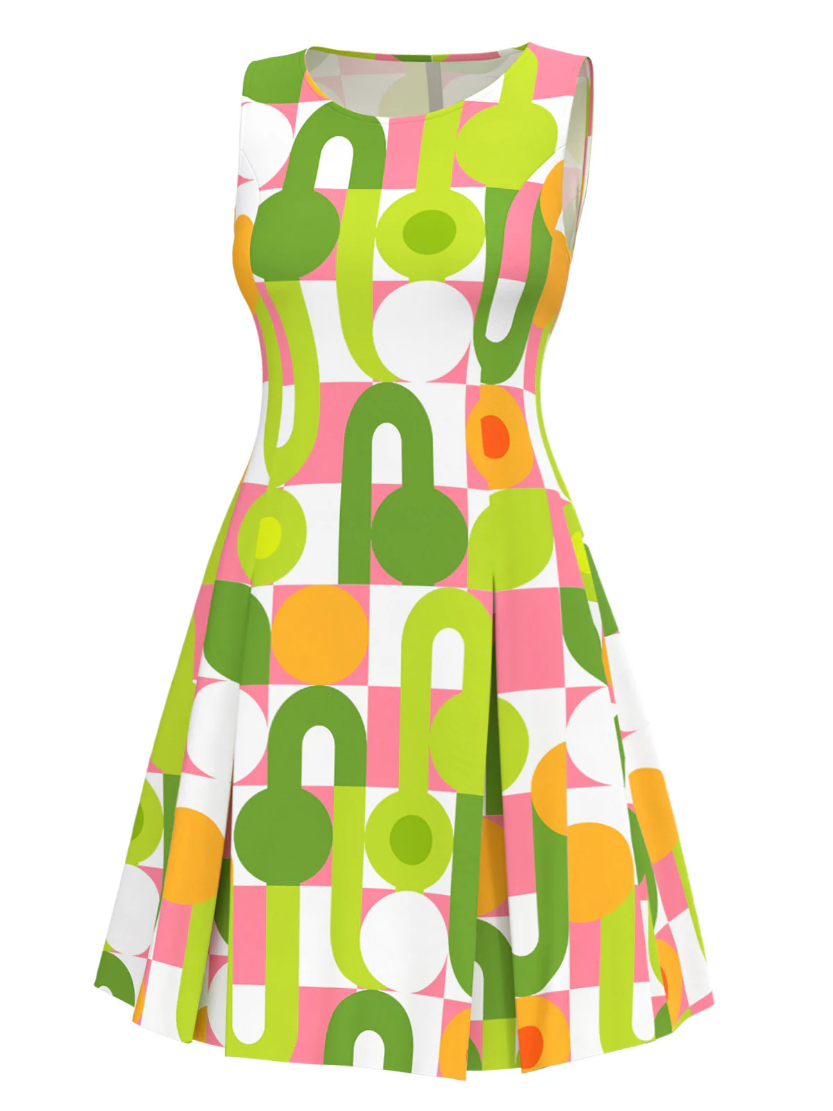 Green 1960s Geometric Print Round Neck Shift Dress - Image 2