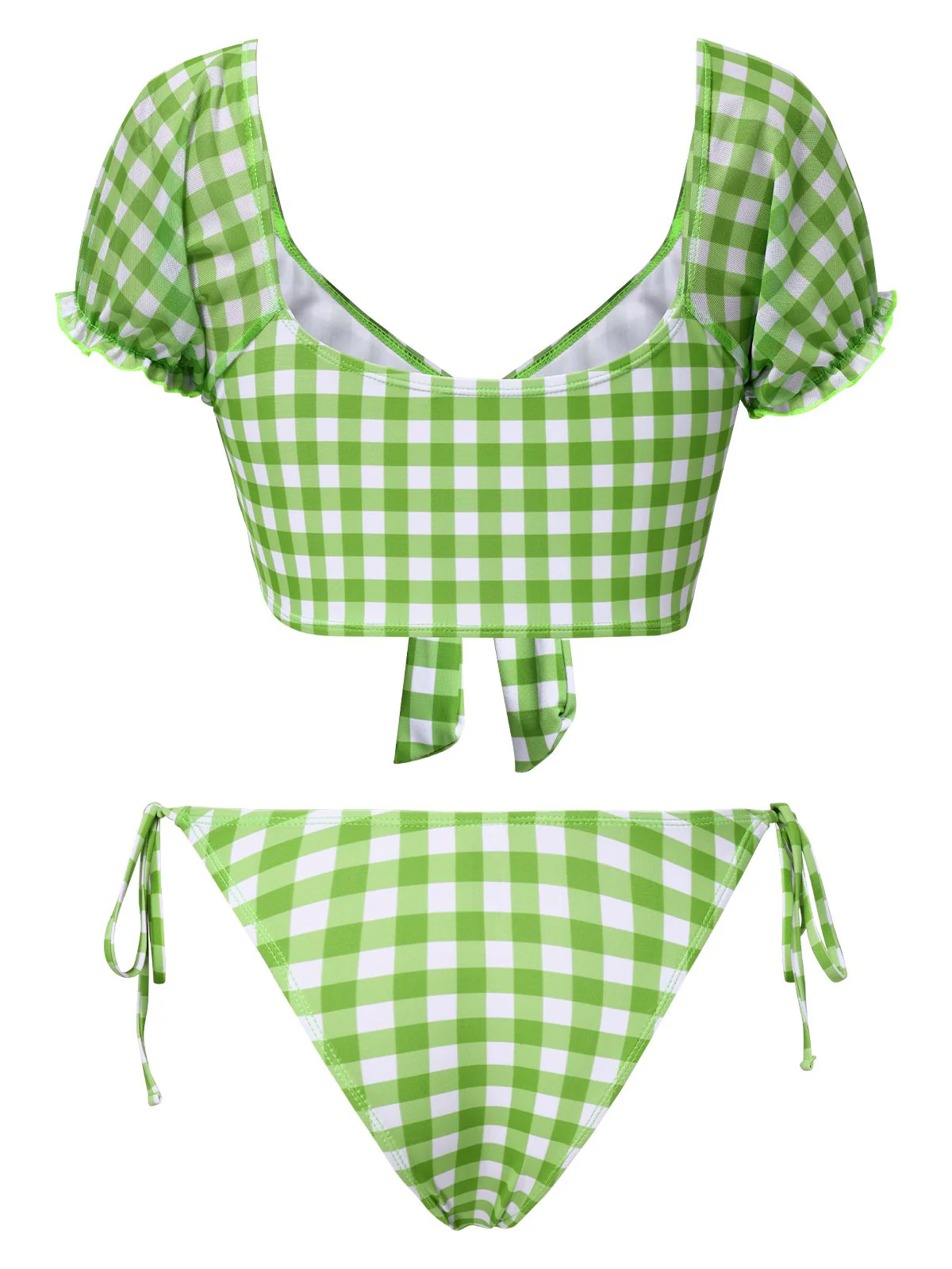 Green 1960s Gingham Puff Sleeve Bikini Set - Image 2