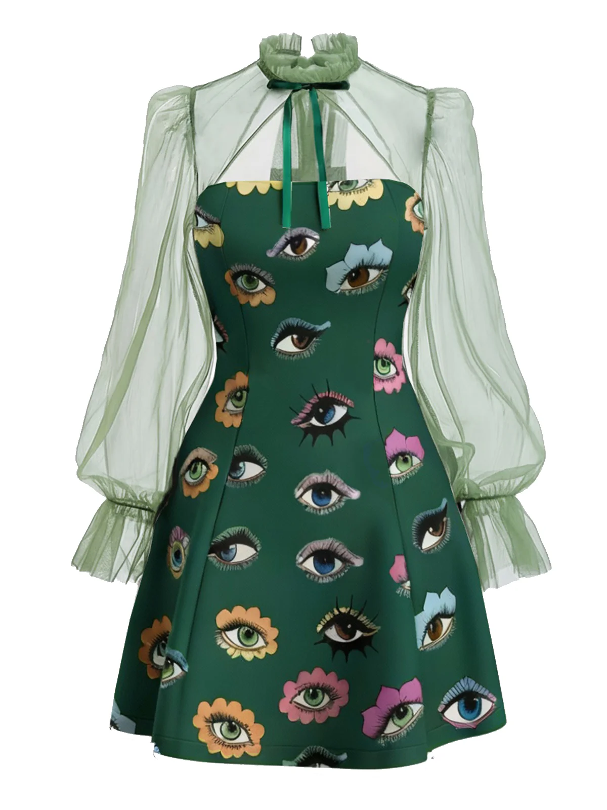 Green 1960s Halloween Gothic Eye Print Mesh Sleeve Dress - Image 2
