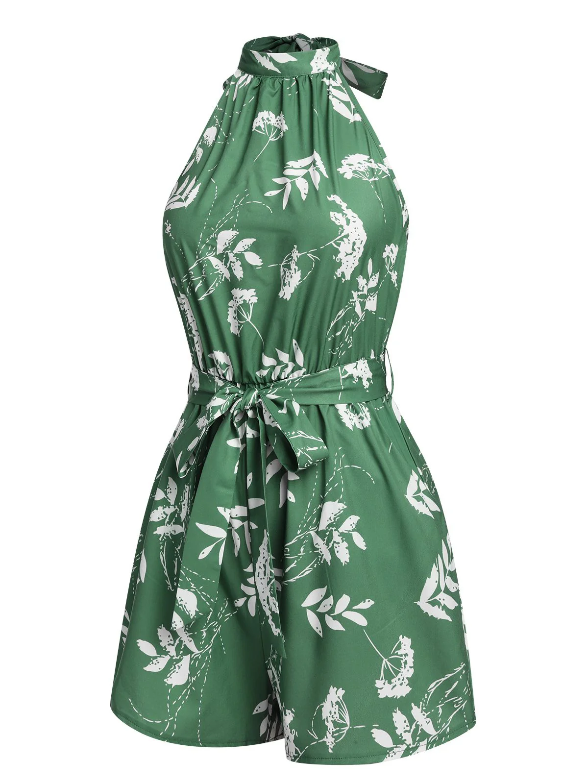 Green 1960s Halter Plants Belted Romper - Image 2