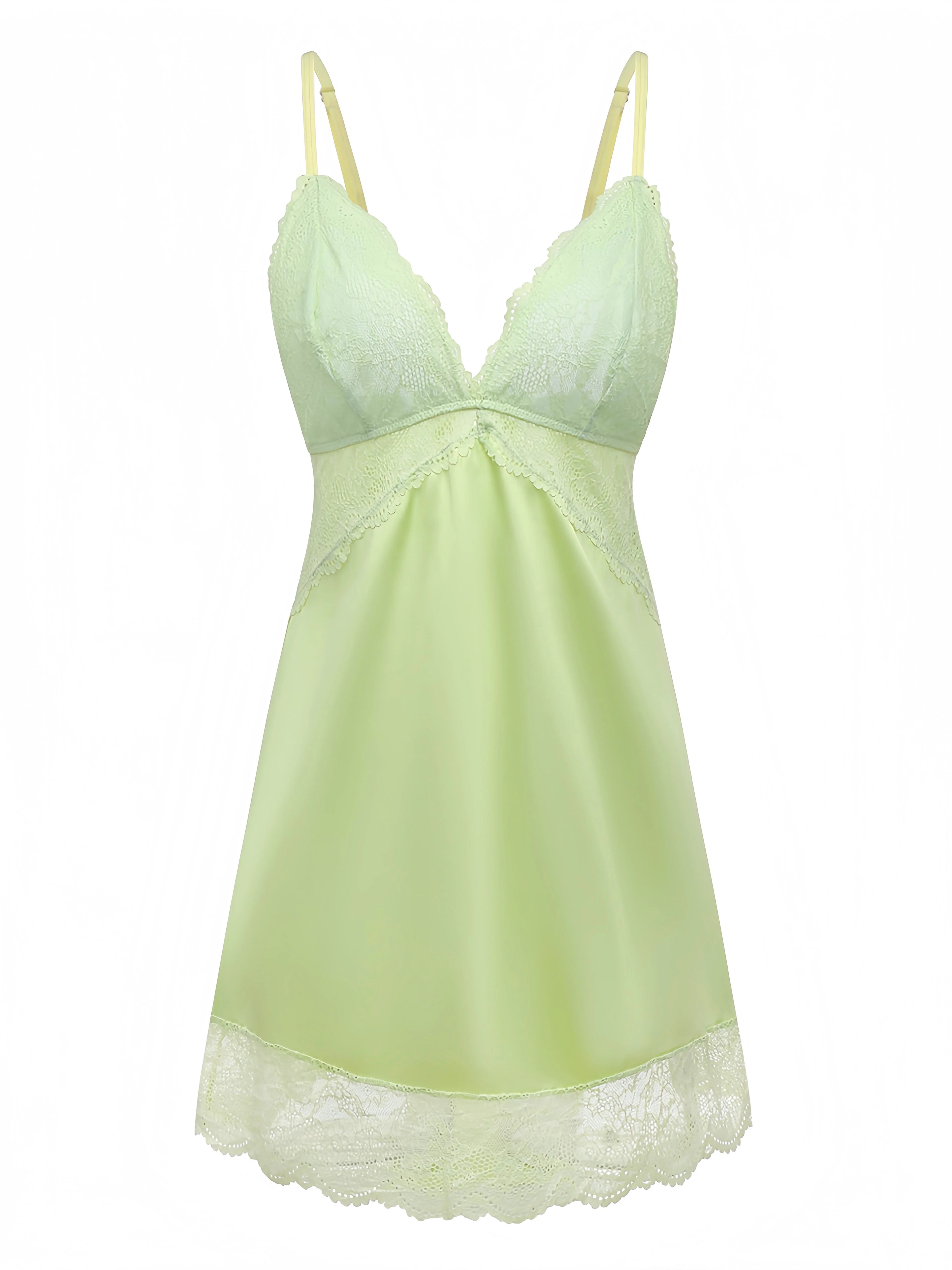Green 1960s Lace Satin V-Neck Spaghetti Strap Nightgown - Image 2