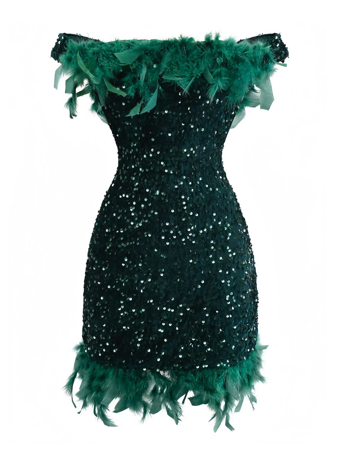 Green 1960s Off-Shoulder Sequined Feather Bodycon Dress - Image 2