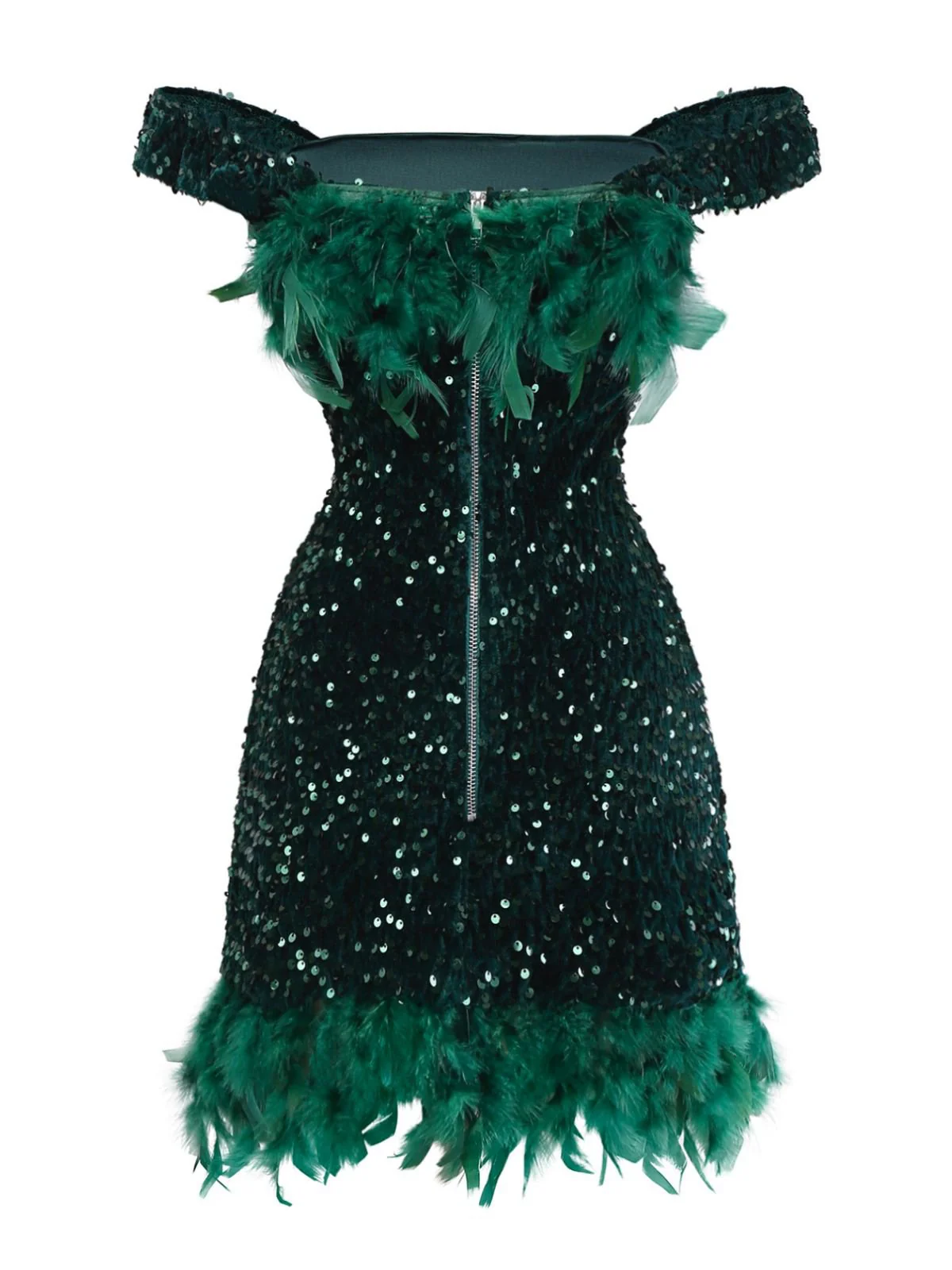 Green 1960s Off-Shoulder Sequined Feather Bodycon Dress - Image 3