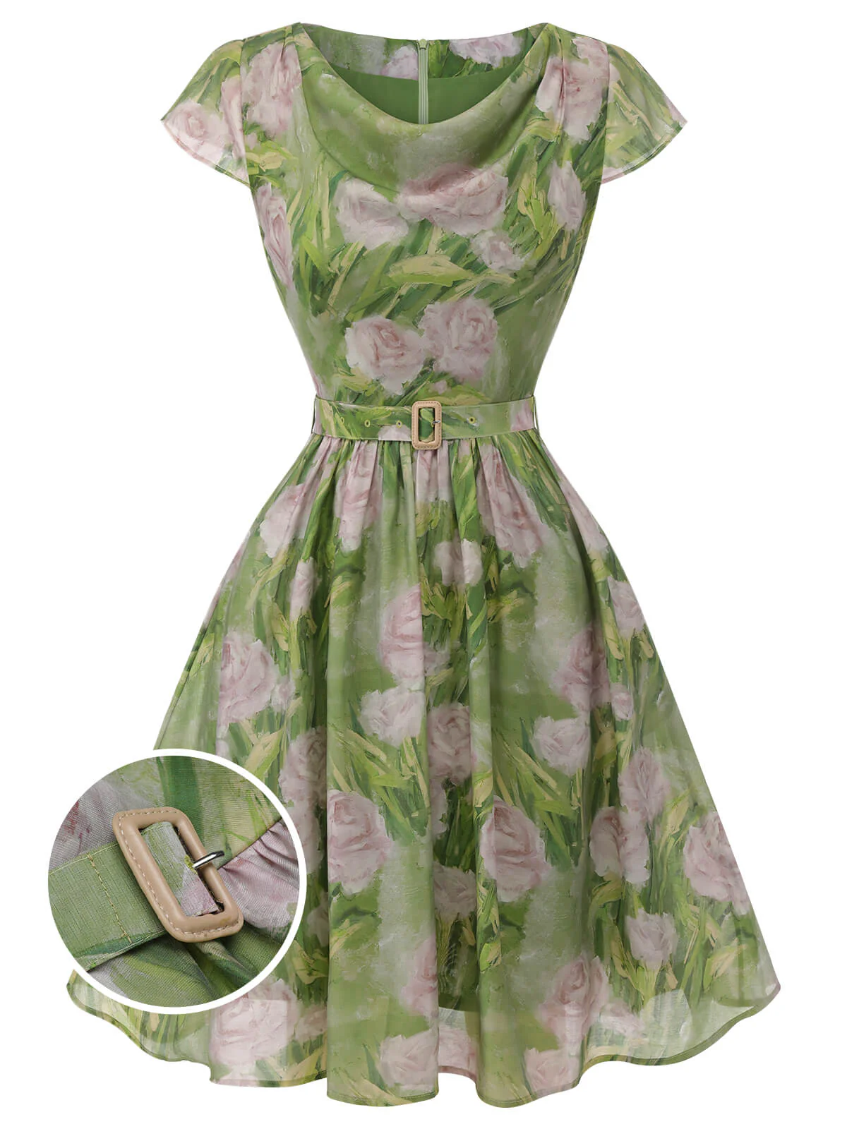 Green 1960s Oil-Painting Rose Dress - Image 2