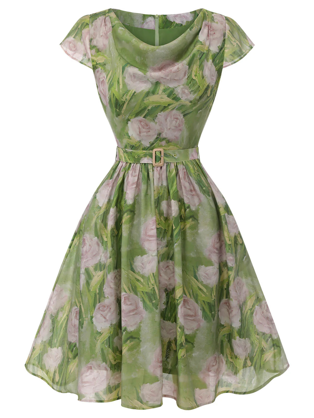 Green 1960s Oil-Painting Rose Dress - Image 3