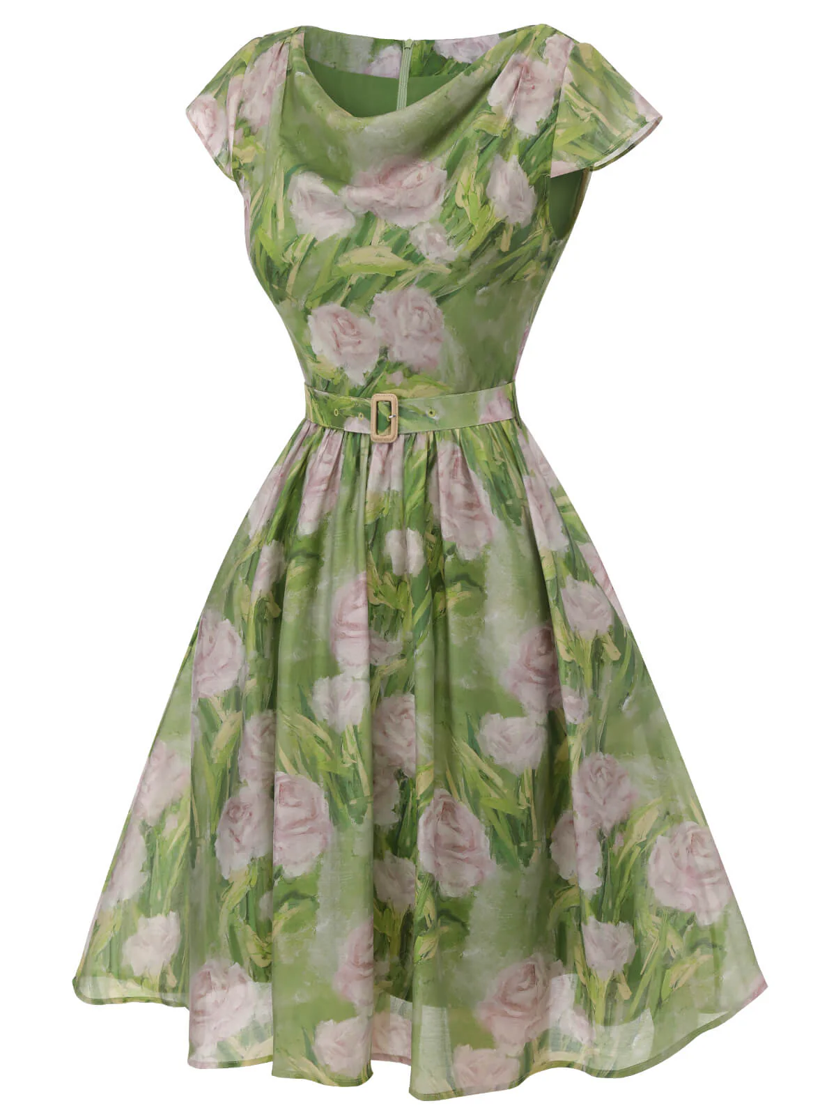 Green 1960s Oil-Painting Rose Dress - Image 5