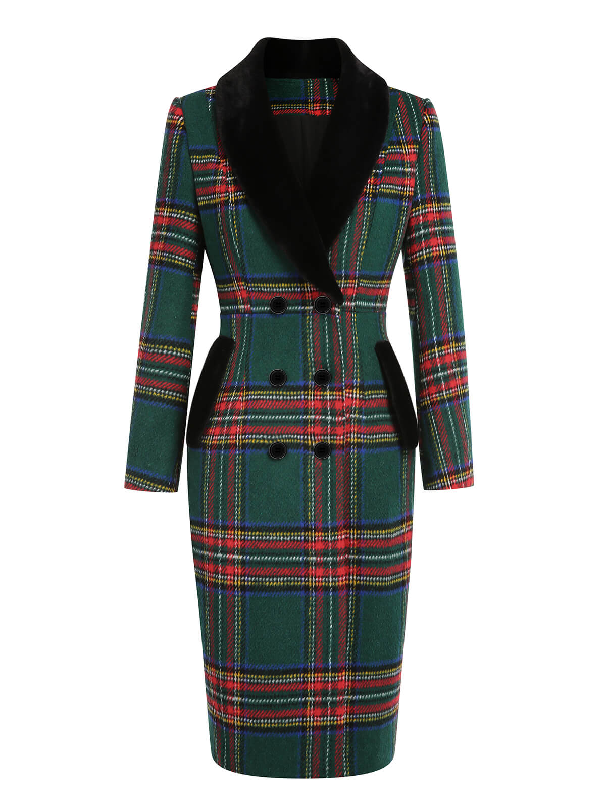 Green 1960s Plaid Fur Collar Pencil Coat - Image 2
