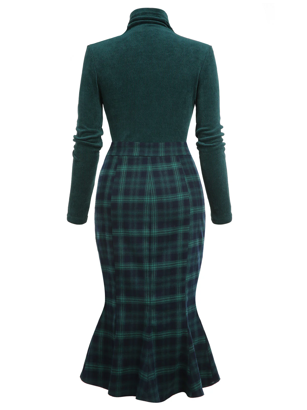 Green 1930s Plaid Turtleneck Fishtail Dress - Image 3