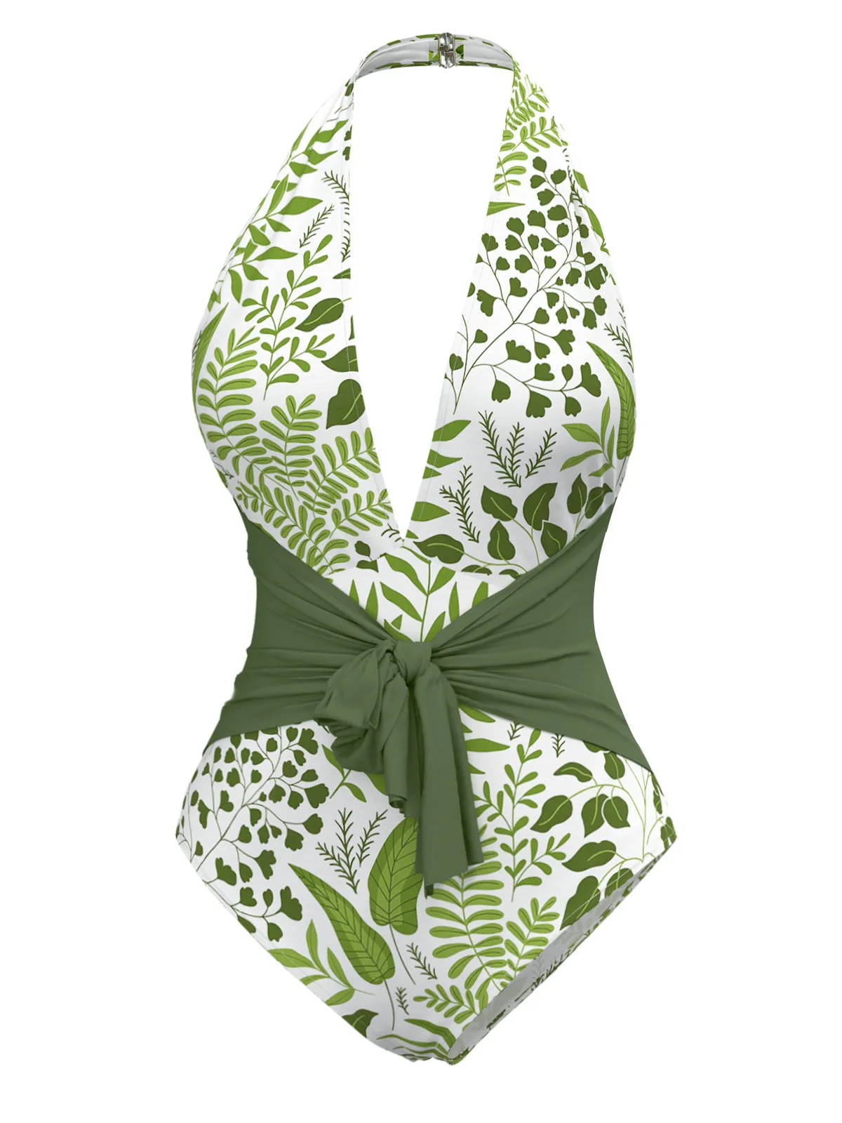 Green 1960s Plant Print Halter One-Piece Swimsuit - Image 2