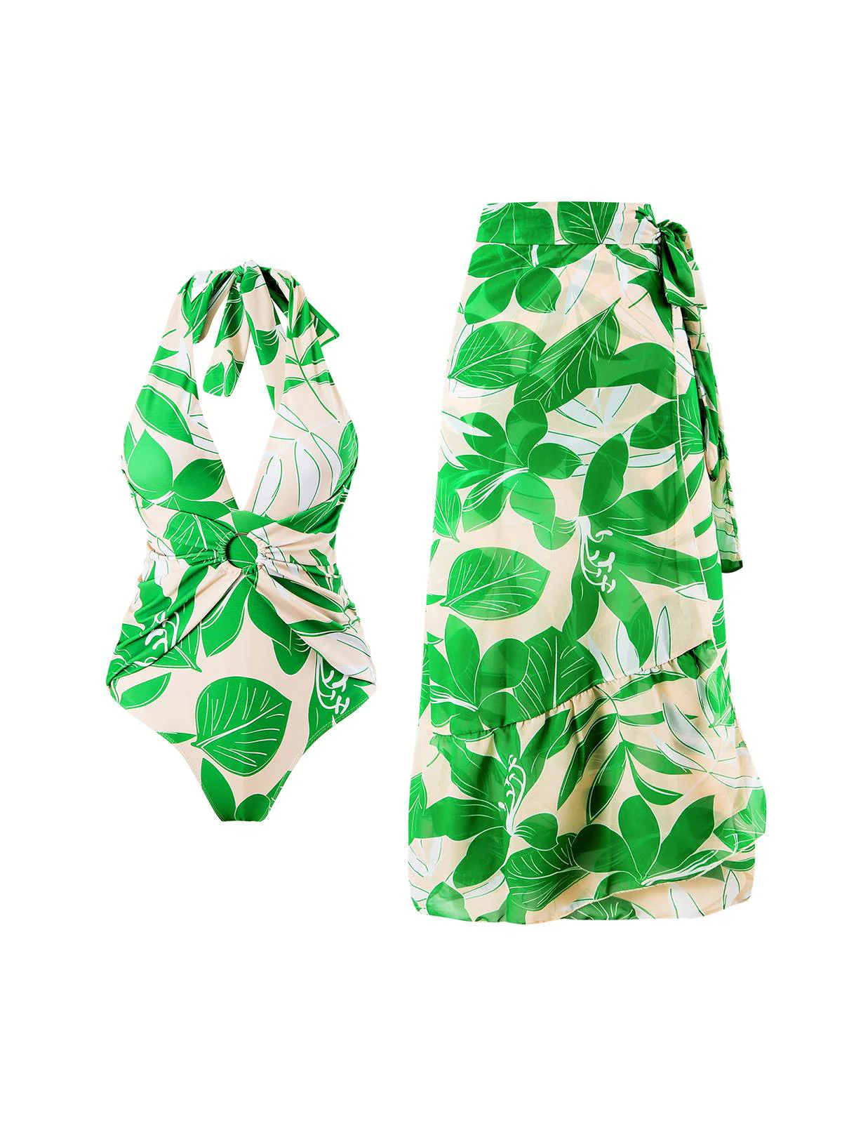 Green 1960s Plant Prints Halter One-Piece Swimsuit - Image 3
