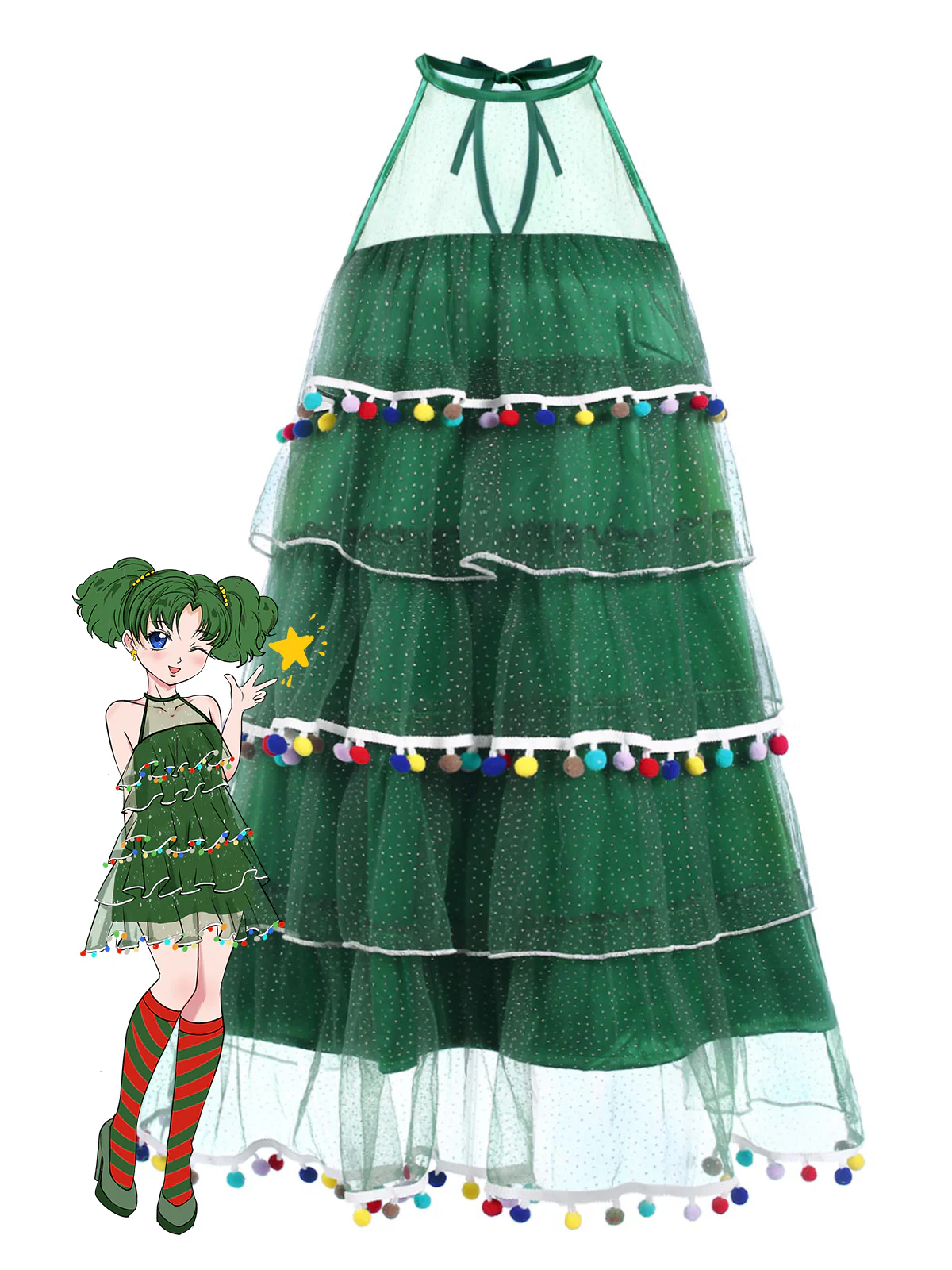 Green 1960s Pom-Pom Christmas Tree Dress - Image 4
