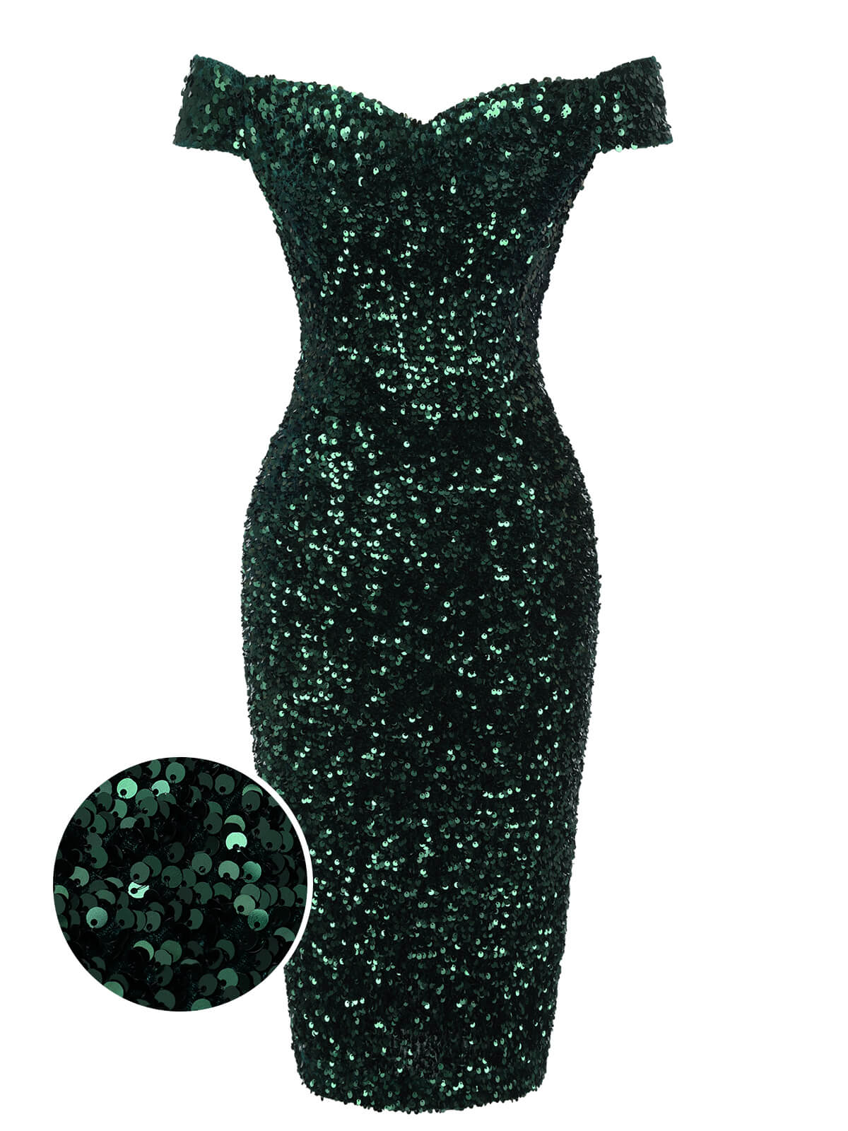 Green 1960s Sequins Off-Shoulder Pencil Dress - Image 3