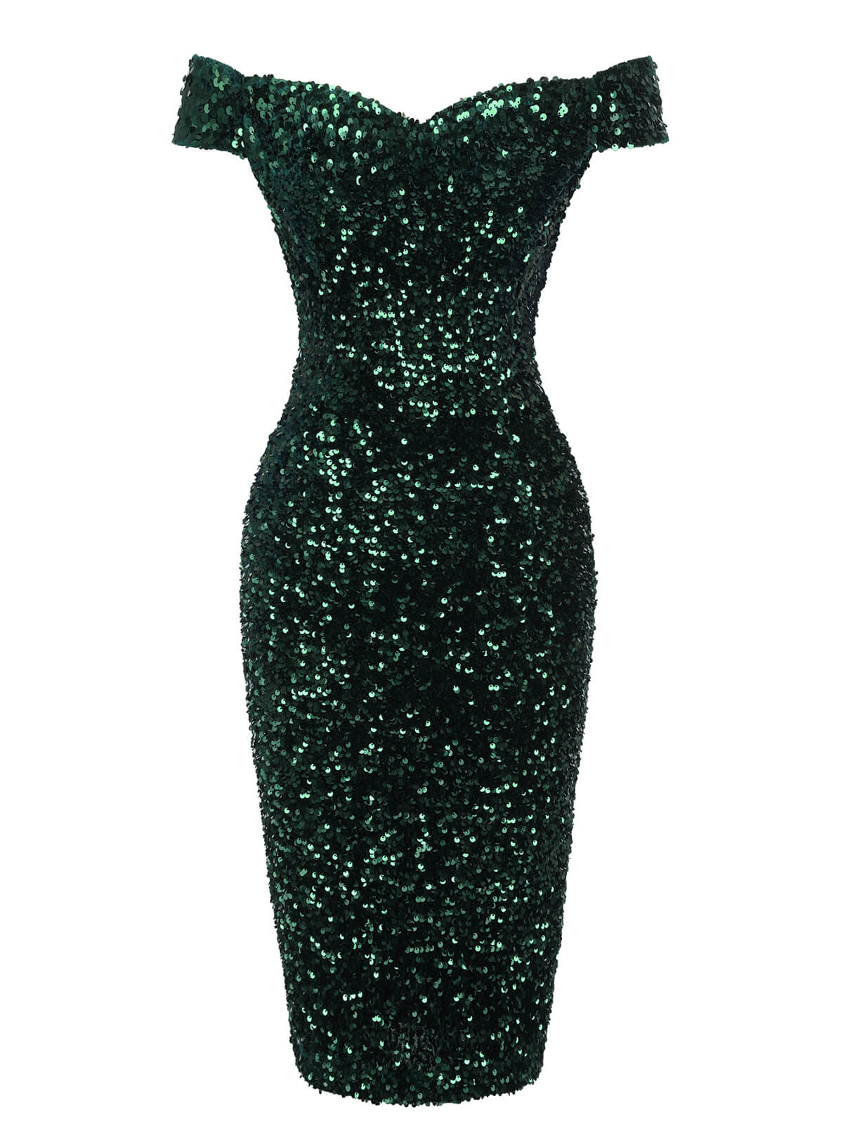 Green 1960s Sequins Off-Shoulder Pencil Dress - Image 2