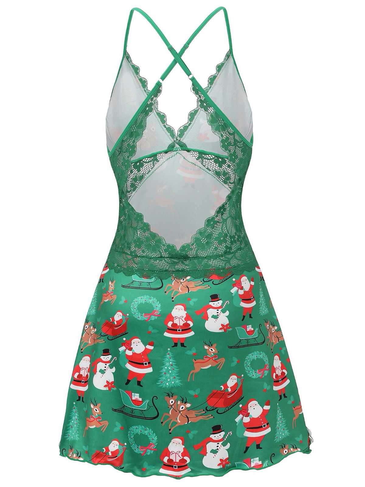 Green 1960s Slip Christmas Print Bow Nightgown - Image 2