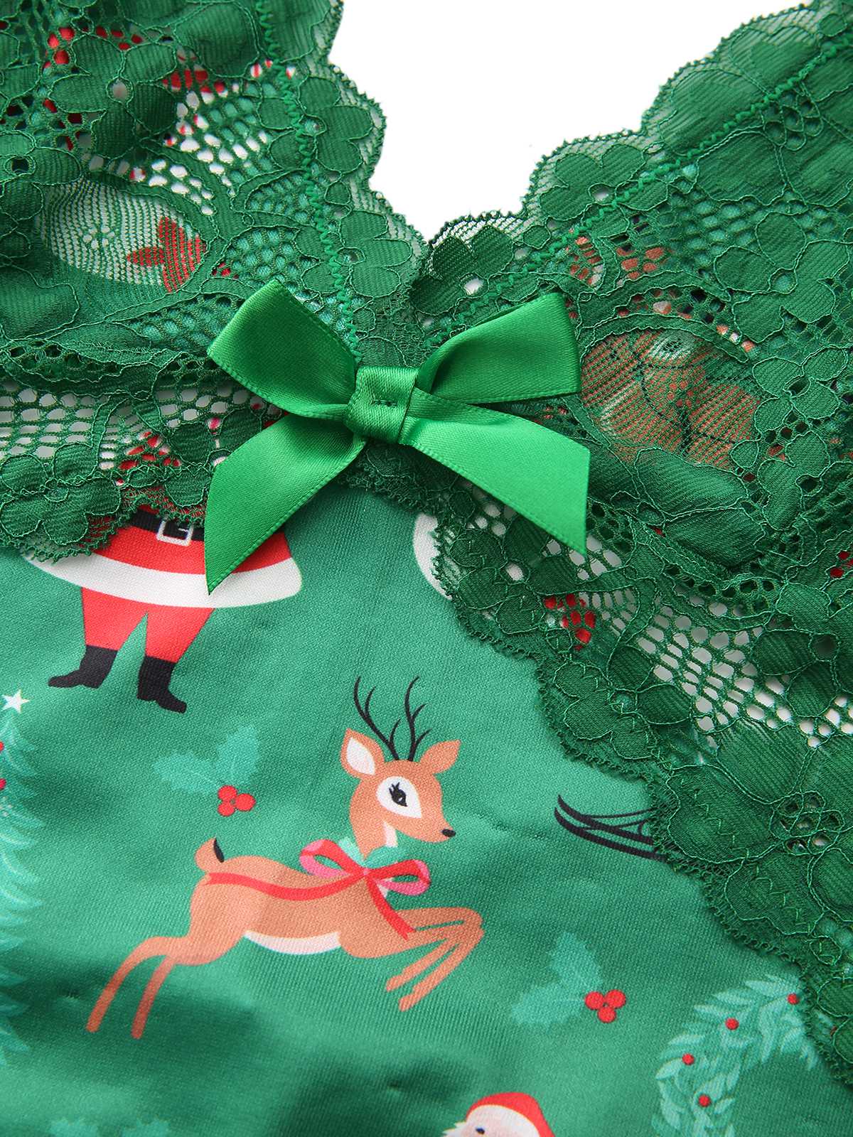 Green 1960s Slip Christmas Print Bow Nightgown - Image 3