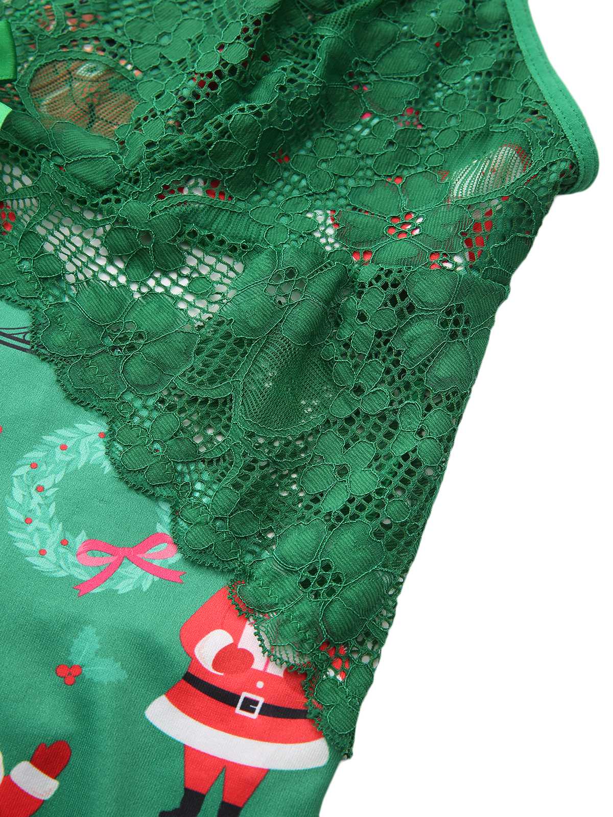 Green 1960s Slip Christmas Print Bow Nightgown - Image 4