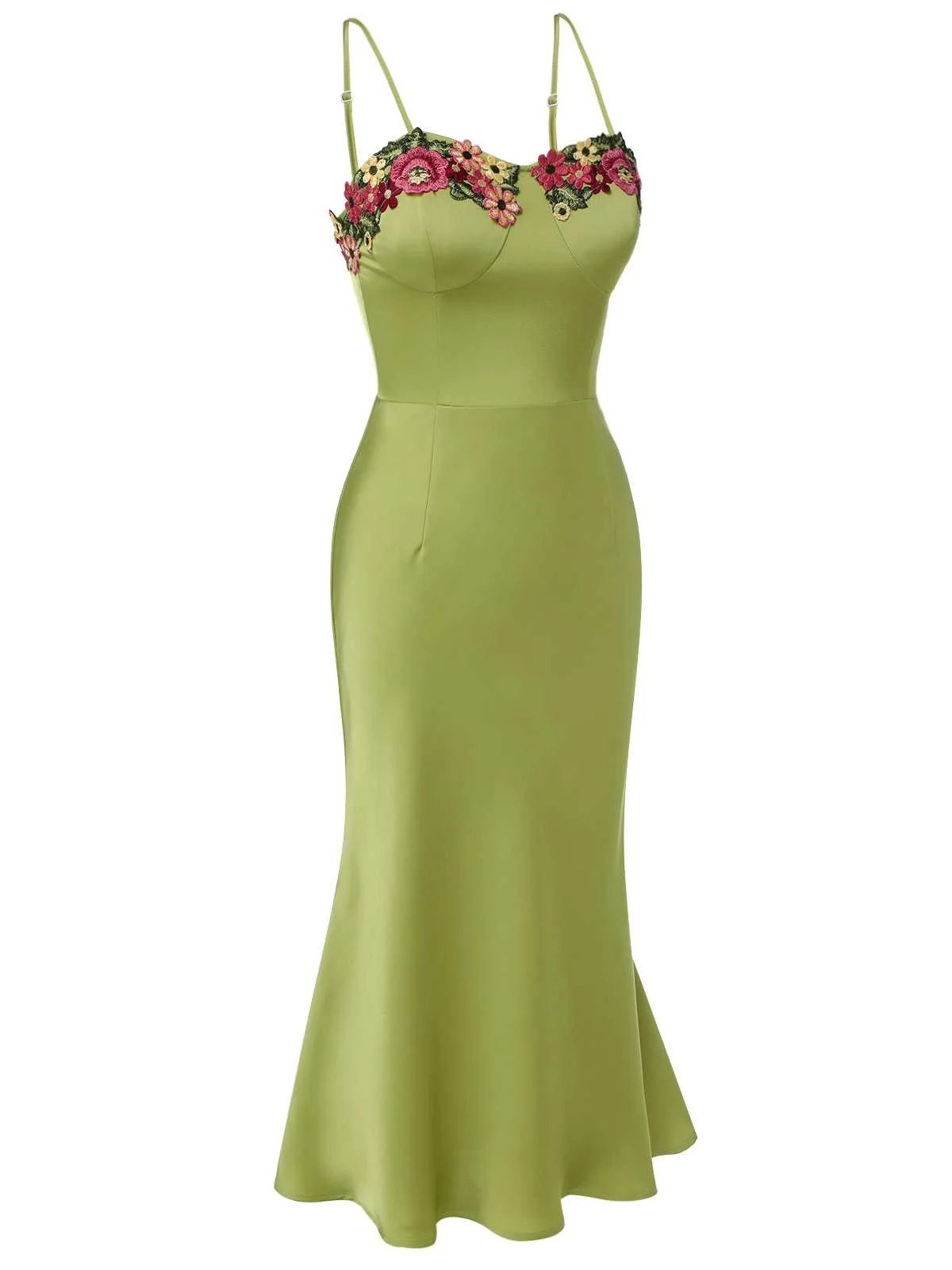 Green 1960s Spaghetti Strap 3D Floral Dress - Image 3