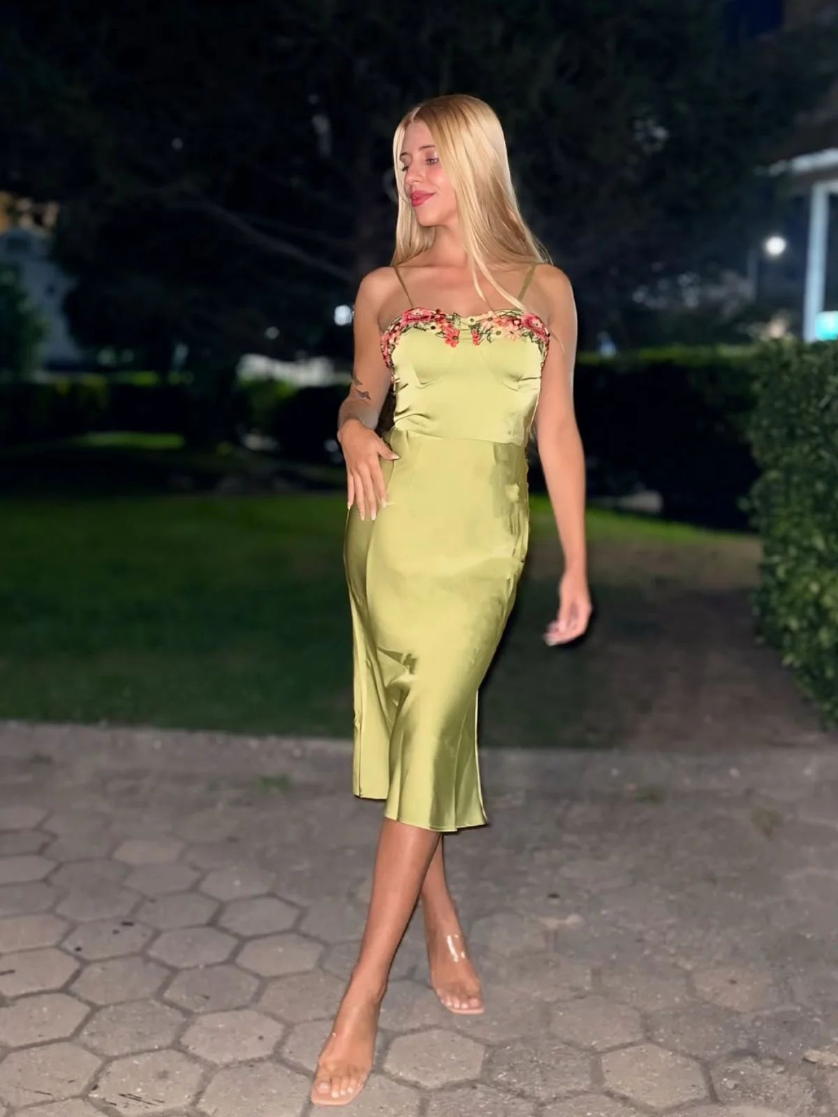Green 1960s Spaghetti Strap 3D Floral Dress - Image 2