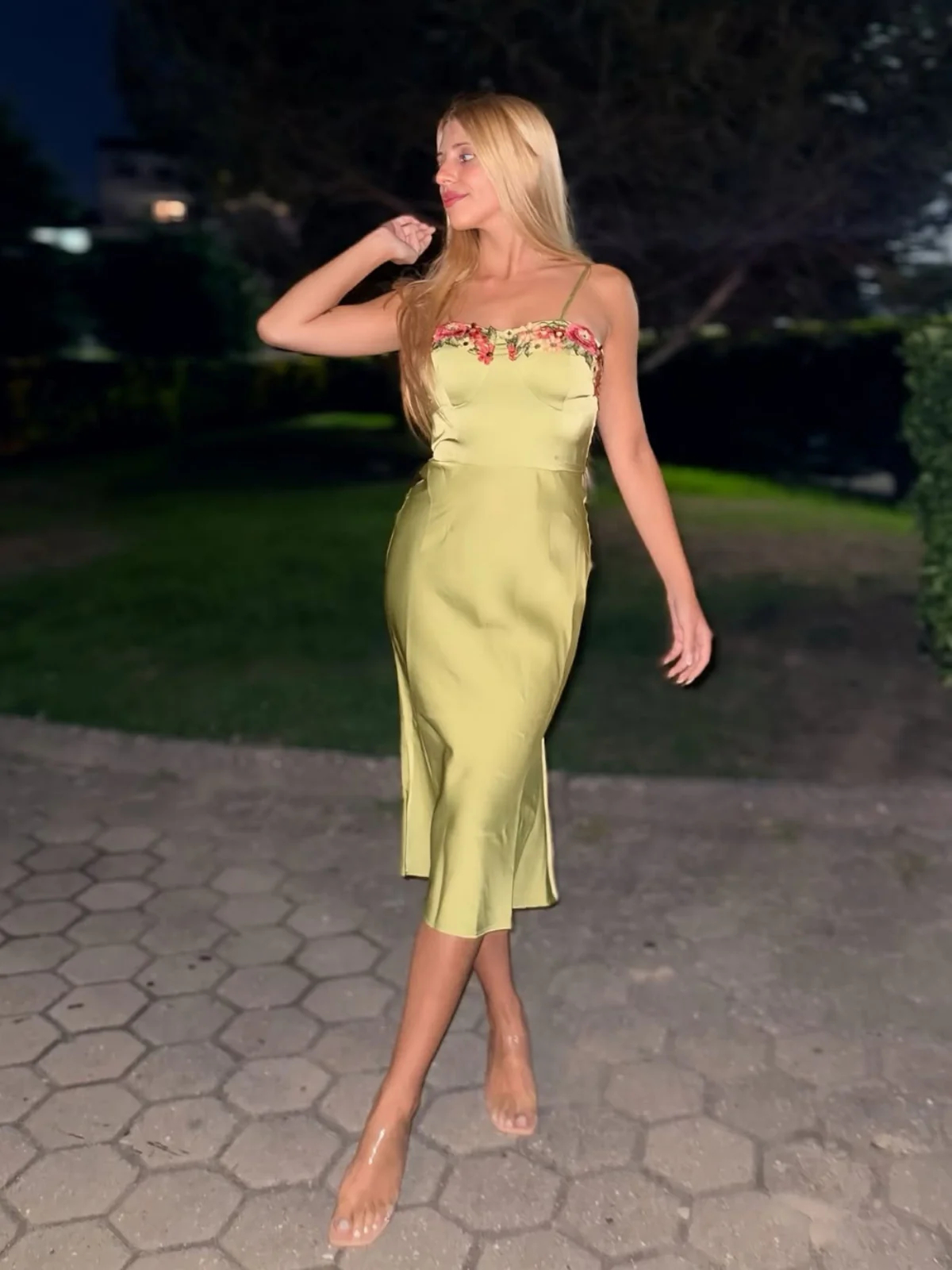 Green 1960s Spaghetti Strap 3D Floral Dress - Image 3