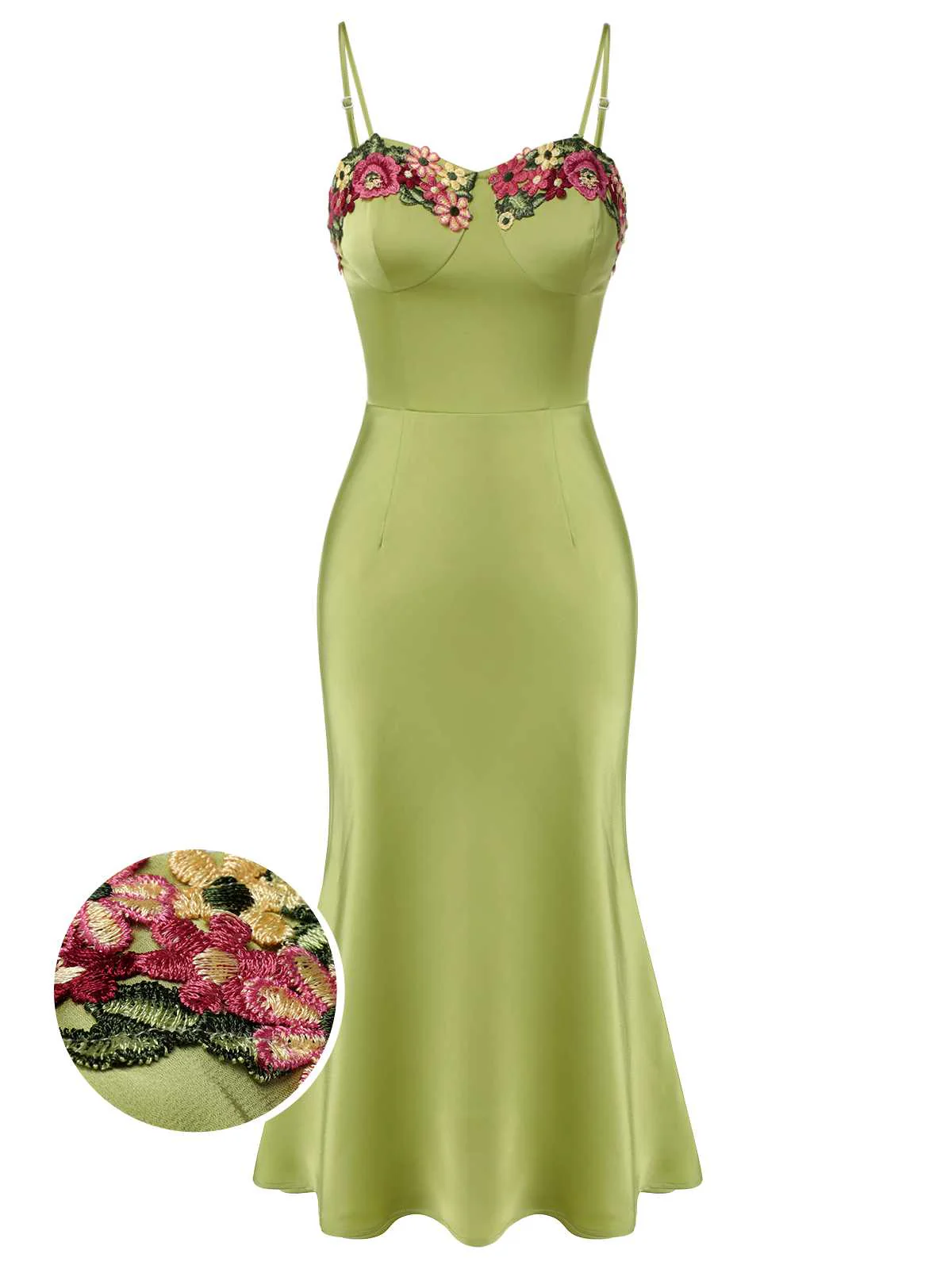 Green 1960s Spaghetti Strap 3D Floral Dress - Image 5