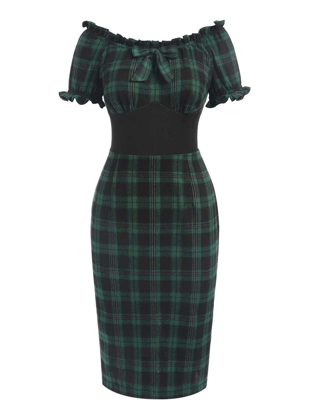 Green 1960s Off Shoulder Bow Tartan Pencil Dress - Image 2