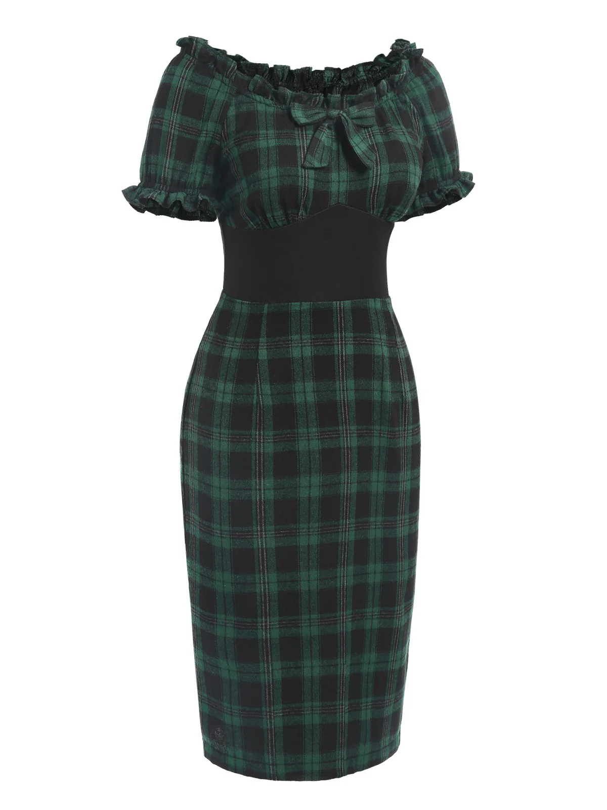 Green 1960s Off Shoulder Bow Tartan Pencil Dress - Image 3