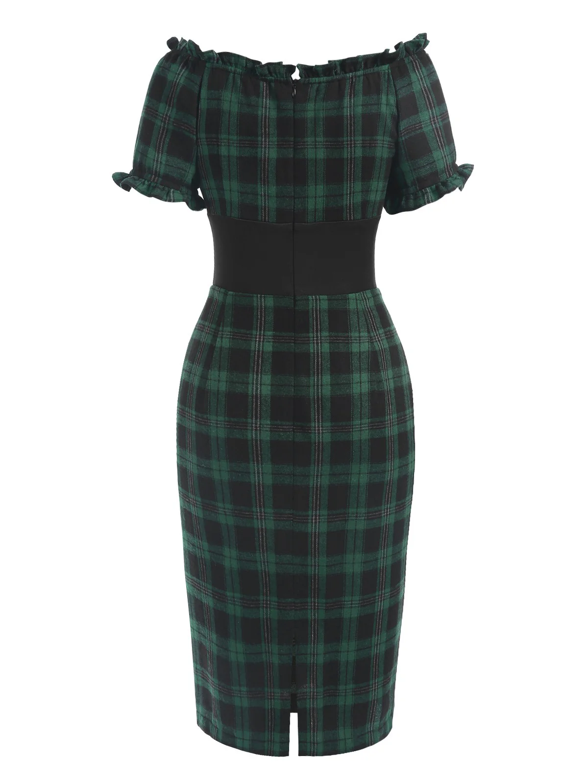 Green 1960s Off Shoulder Bow Tartan Pencil Dress - Image 4