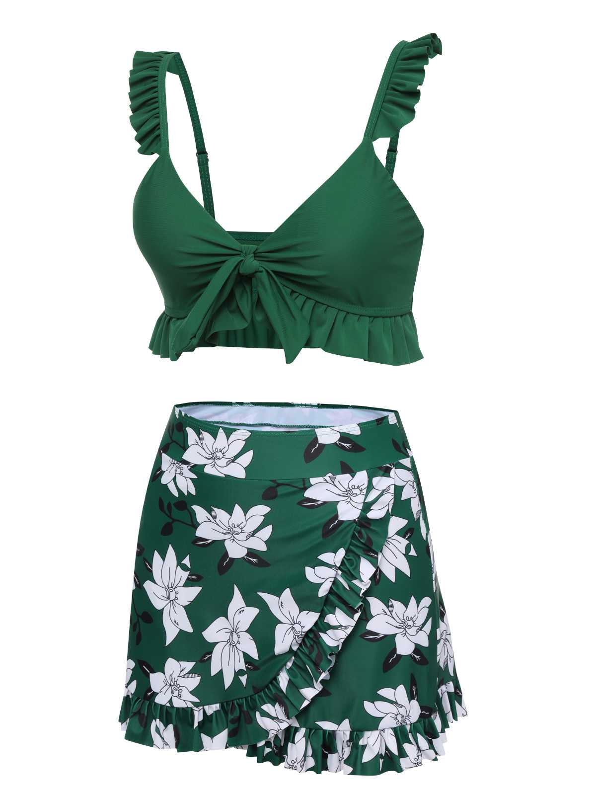 Green 1960s Strap Floral Ruffles Swimsuit - Image 2