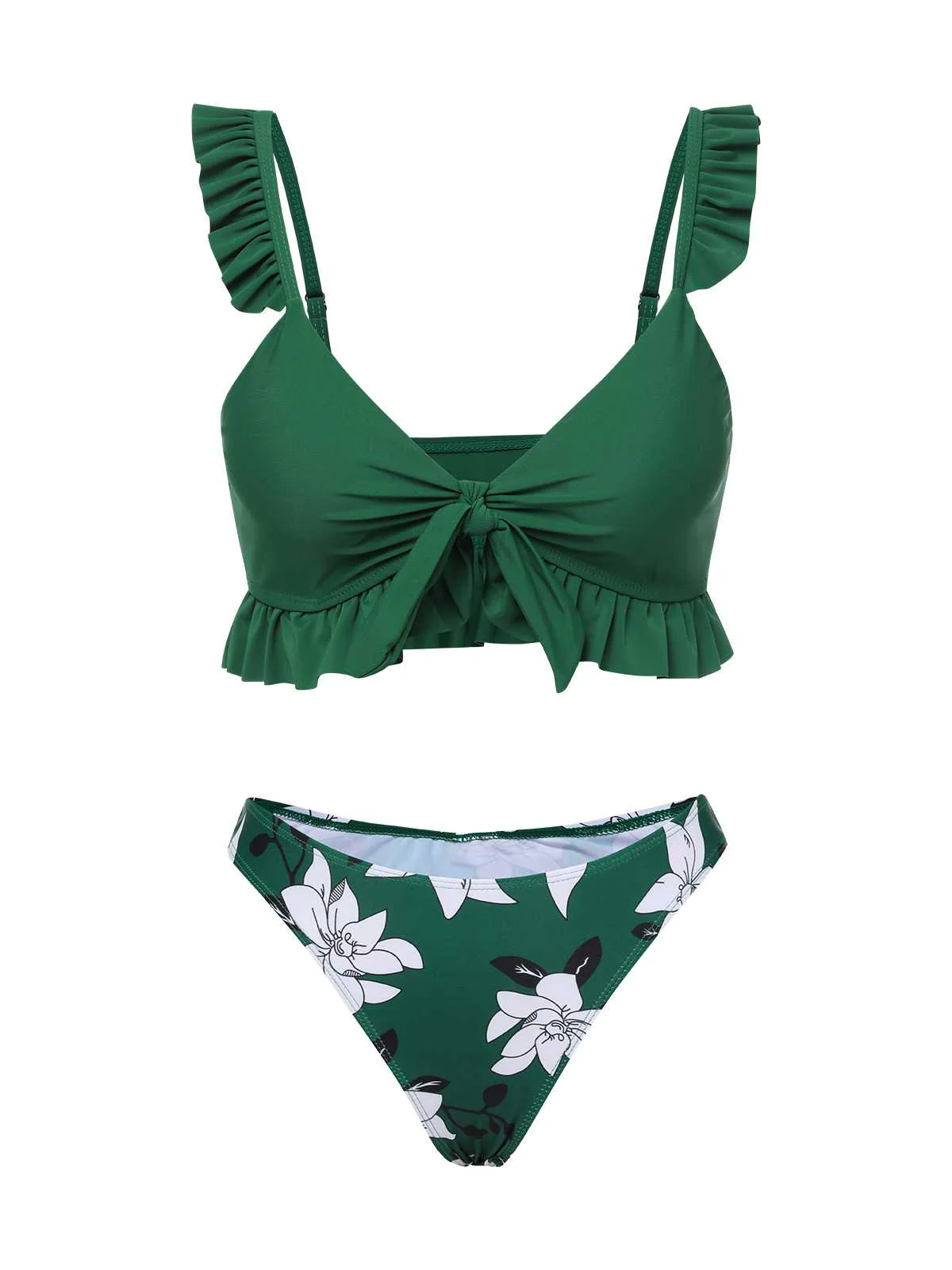 Green 1960s Strap Floral Ruffles Swimsuit - Image 4
