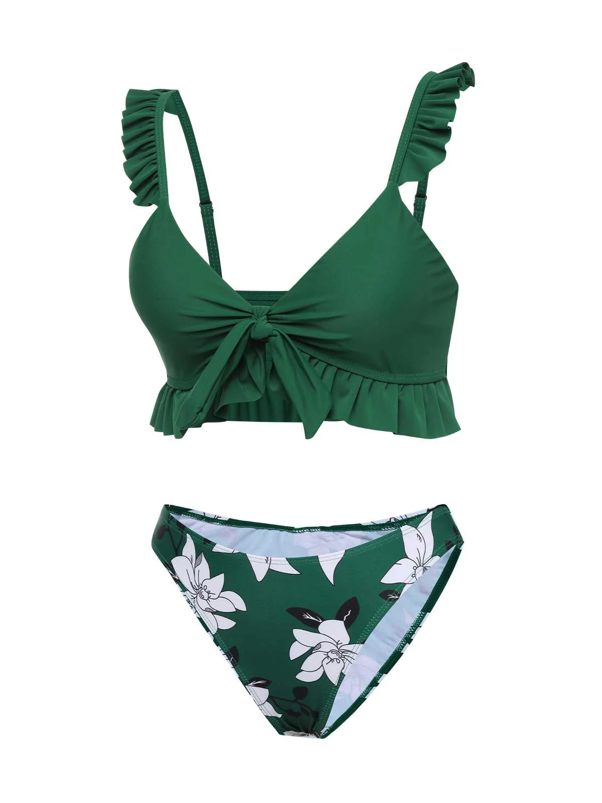 Green 1960s Strap Floral Ruffles Swimsuit - Image 5