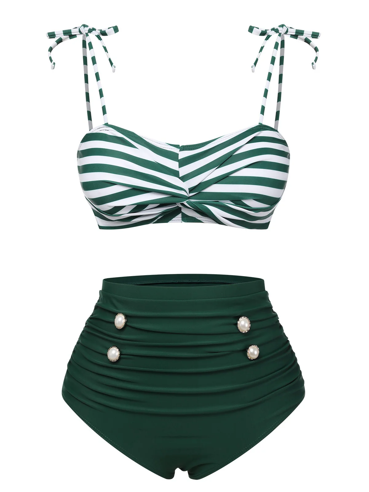 Green 1960s Stripe Shoulder Straps Swimsuit - Image 2