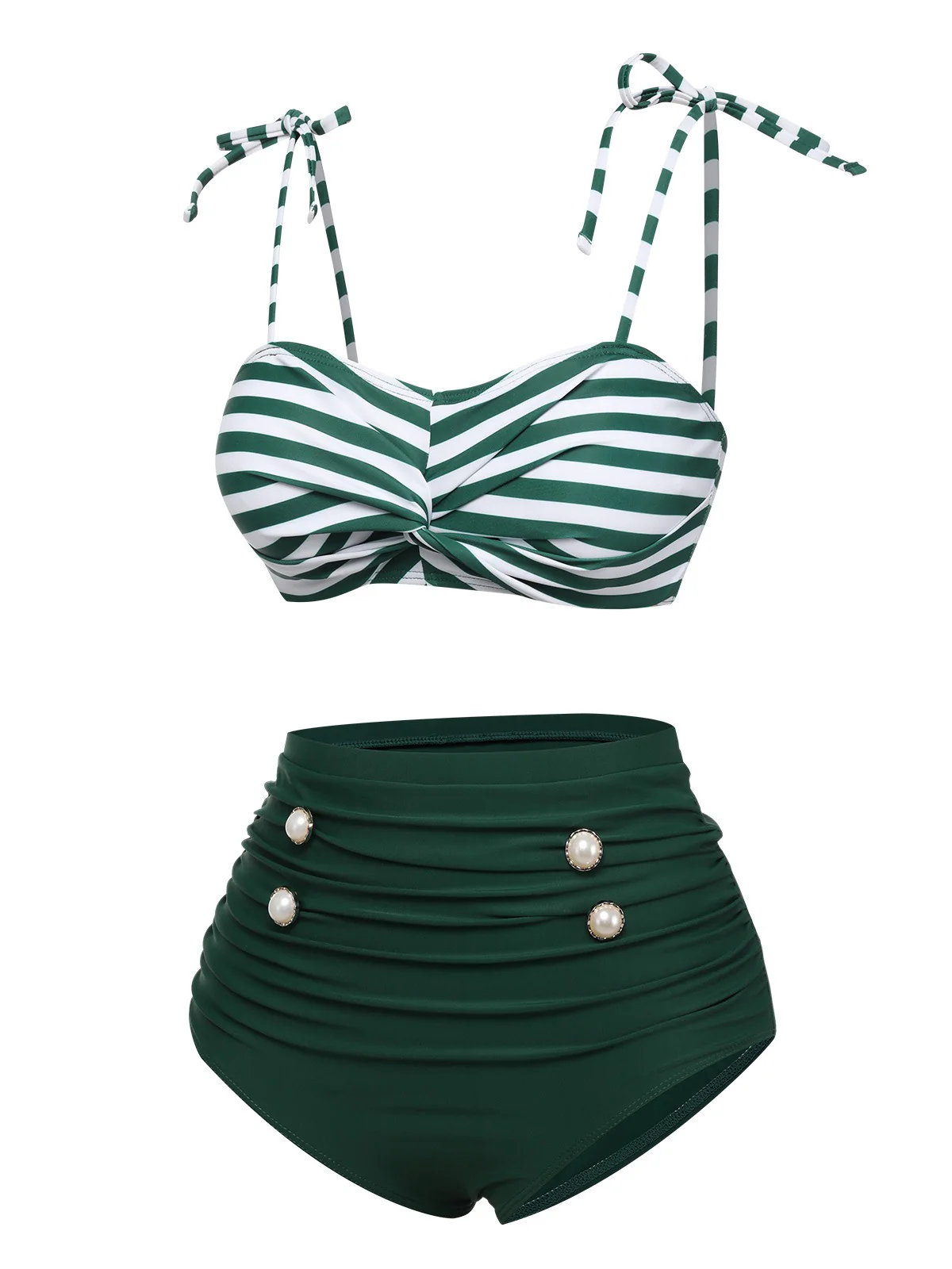 Green 1960s Stripe Shoulder Straps Swimsuit - Image 3