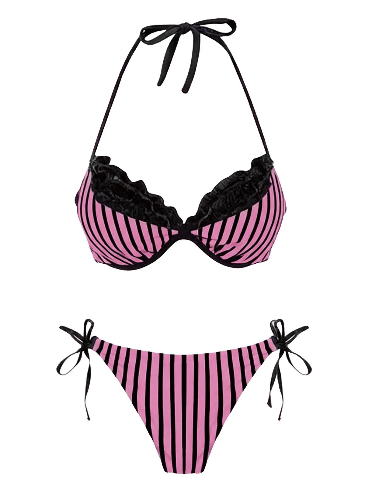 2PCS Pink 1960s Striped Halter Bikini Set & Tiered Cover-Up - Image 2