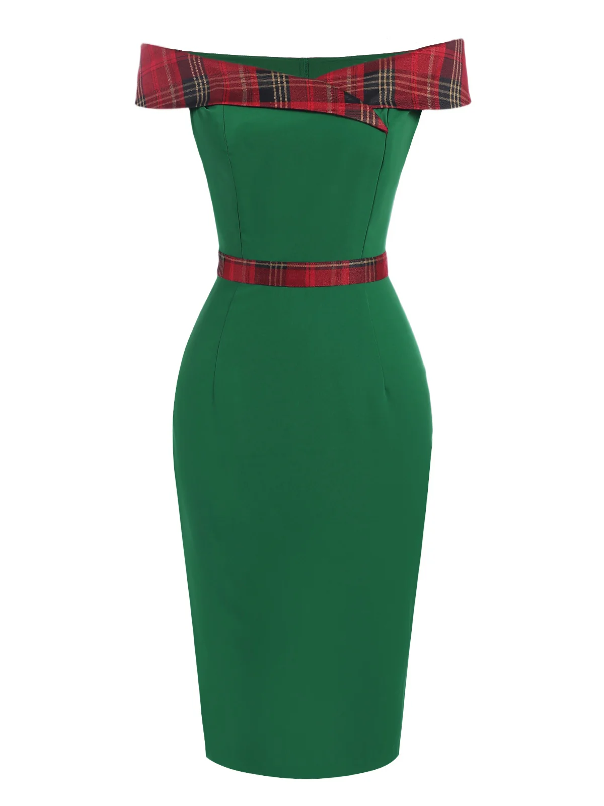 Green 1960s Tartan Patchwork Off-Shoulder Dress - Image 2