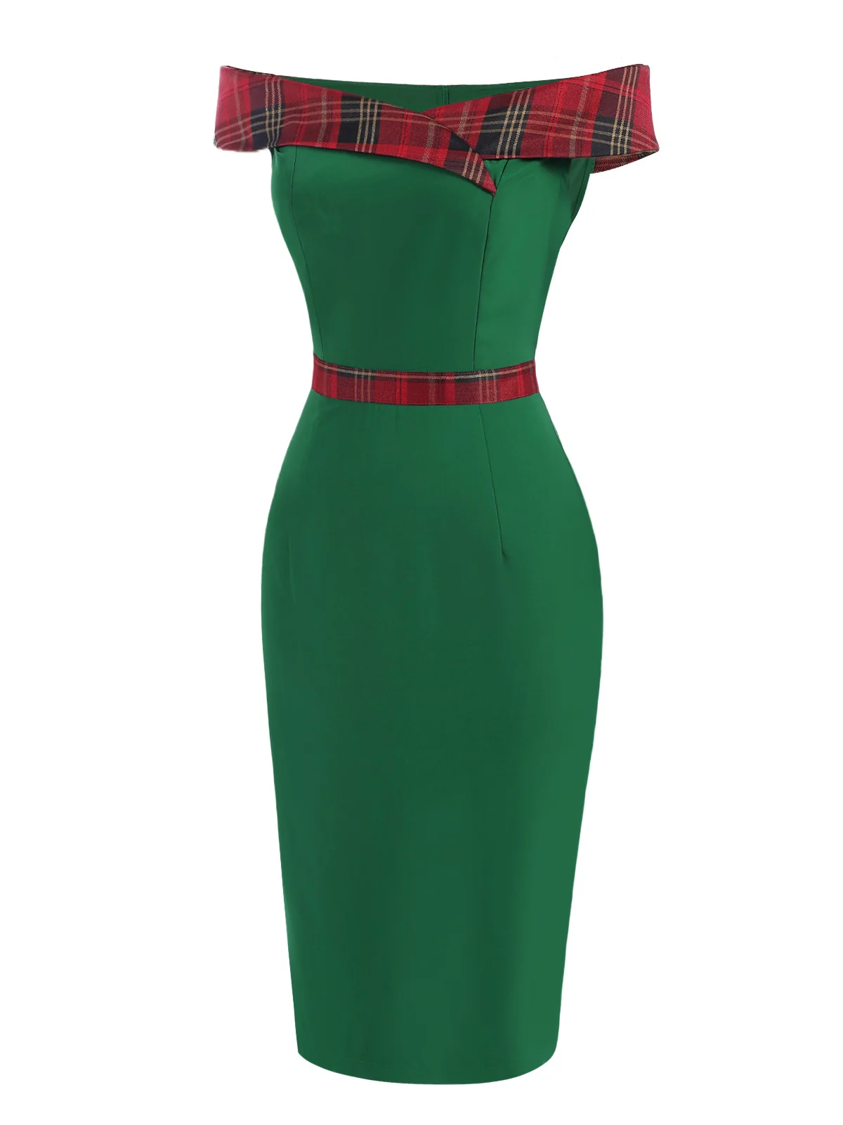 Green 1960s Tartan Patchwork Off-Shoulder Dress - Image 3