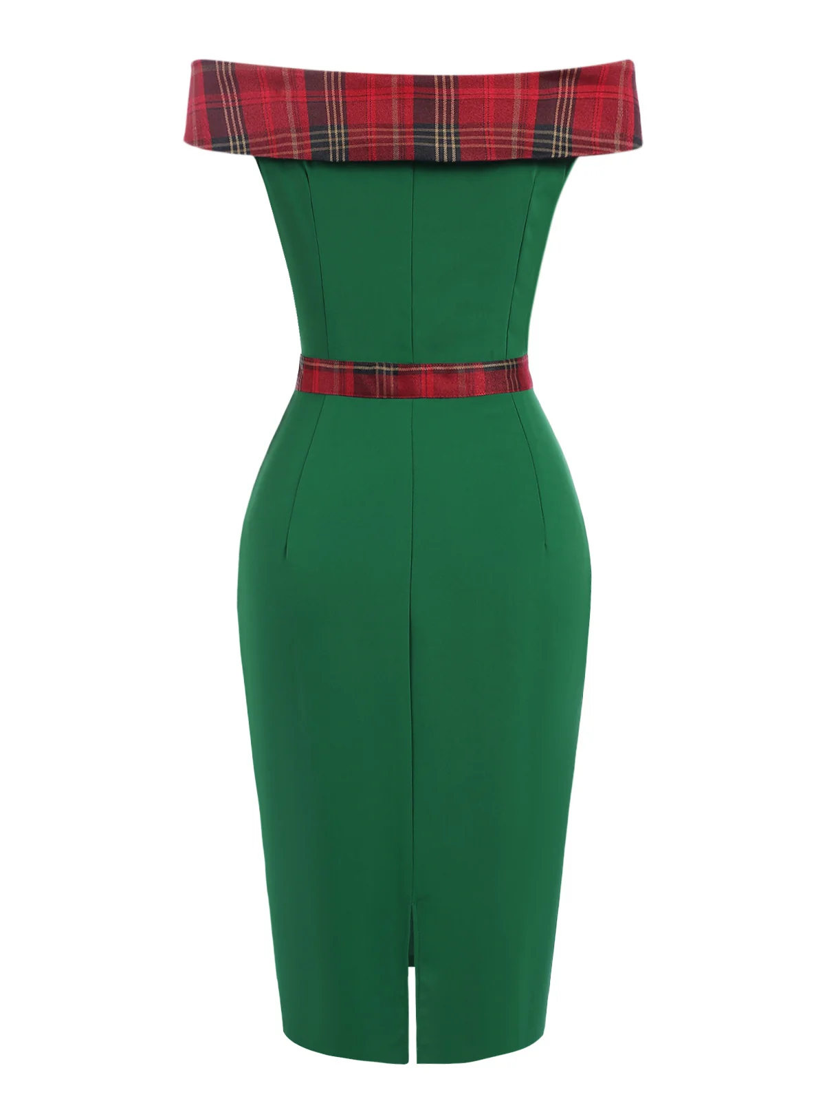 Green 1960s Tartan Patchwork Off-Shoulder Dress - Image 4