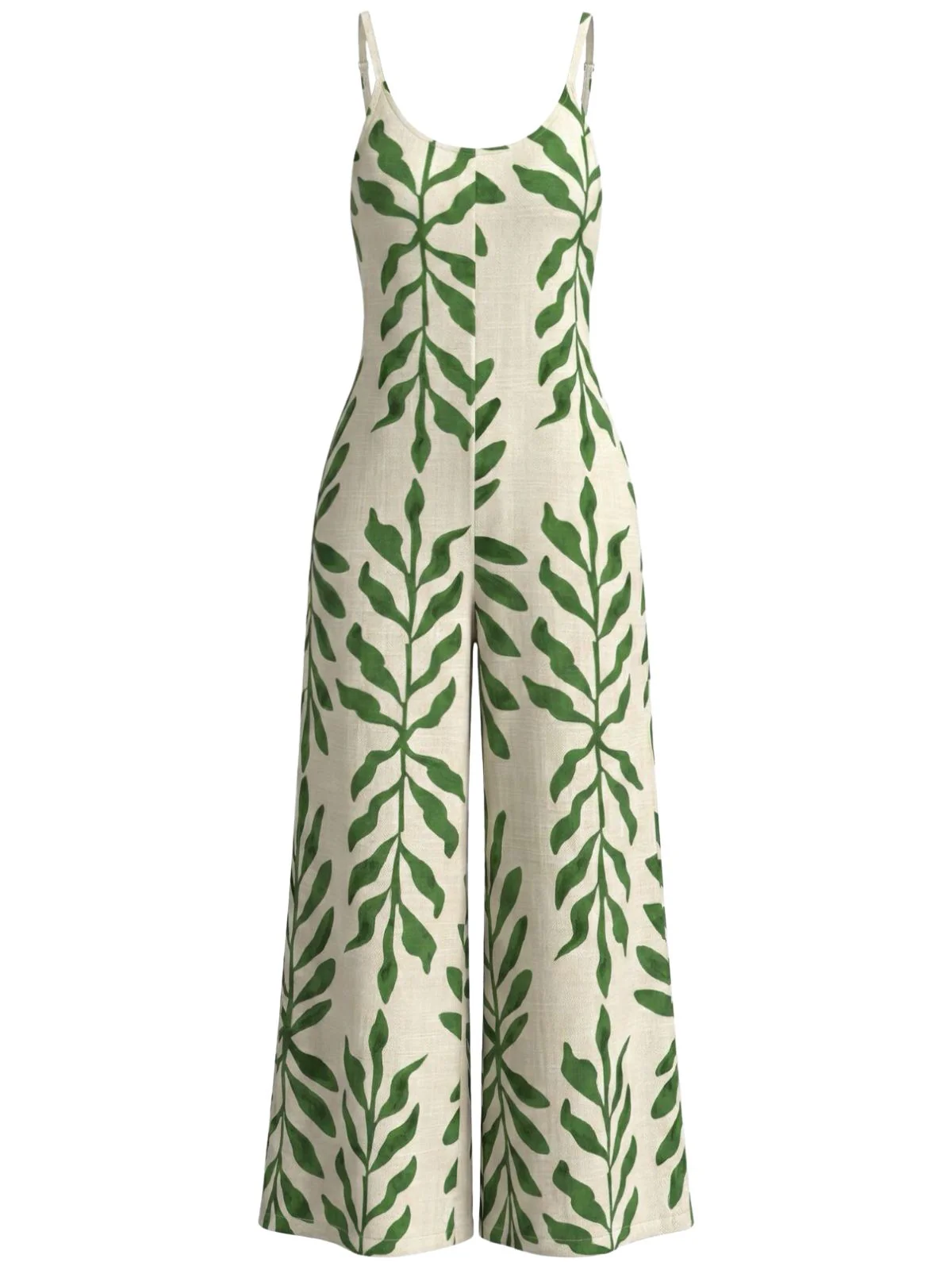 Green 1960s Tropical Leaf Print Spaghetti Strap Wide-Leg Jumpsuit - Image 2