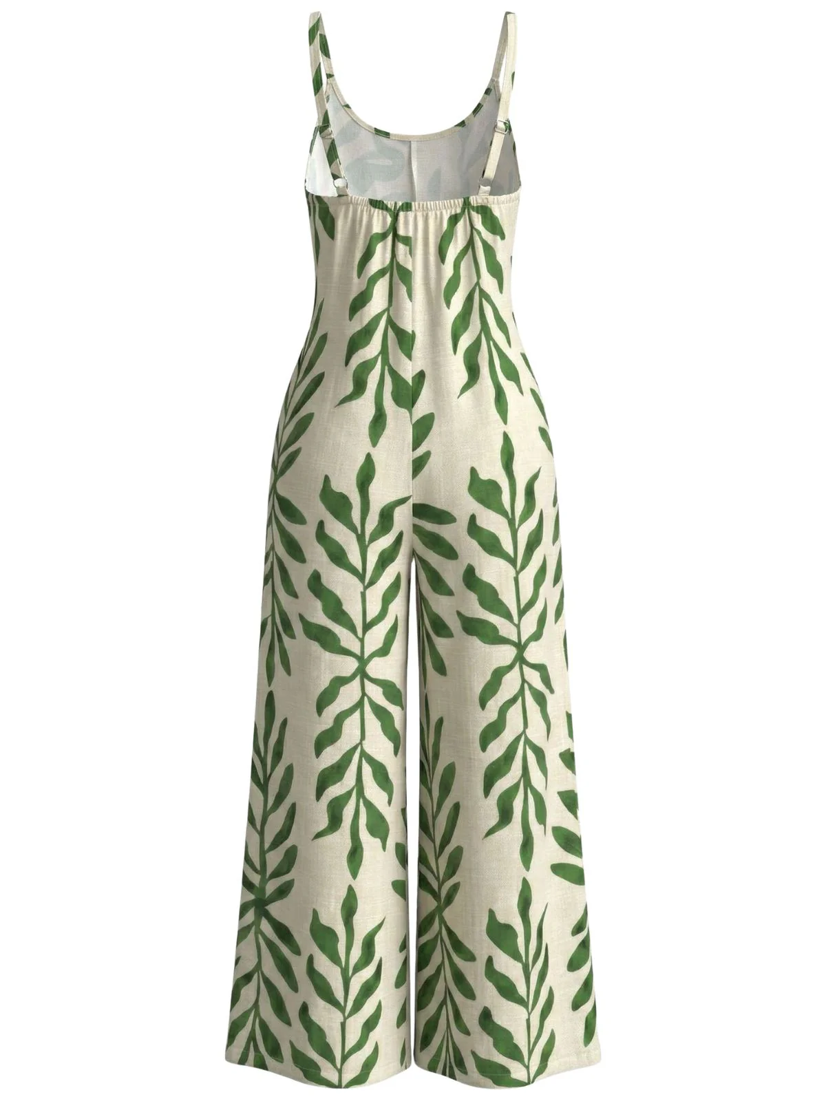 Green 1960s Tropical Leaf Print Spaghetti Strap Wide-Leg Jumpsuit - Image 3