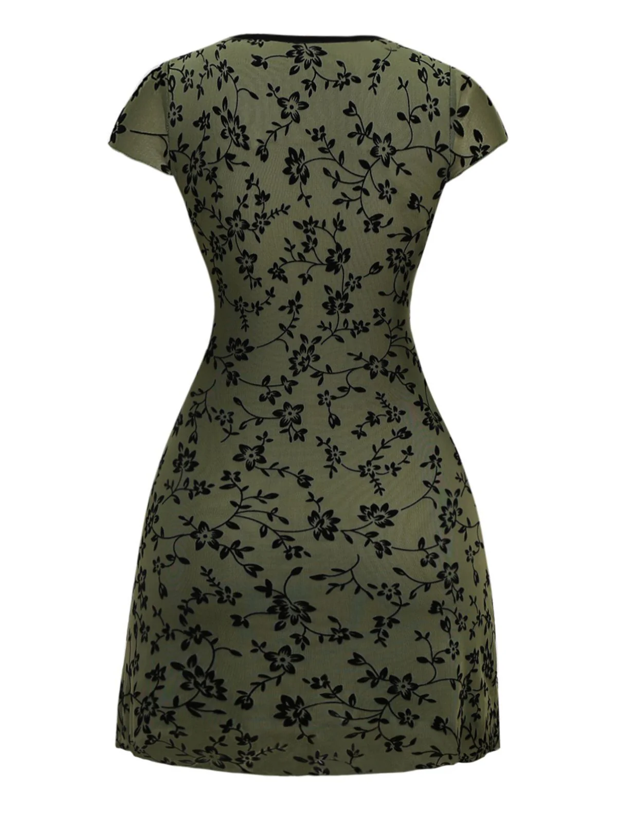 Green 1960s V-Neck Floral Flocked A-line Dress - Image 2
