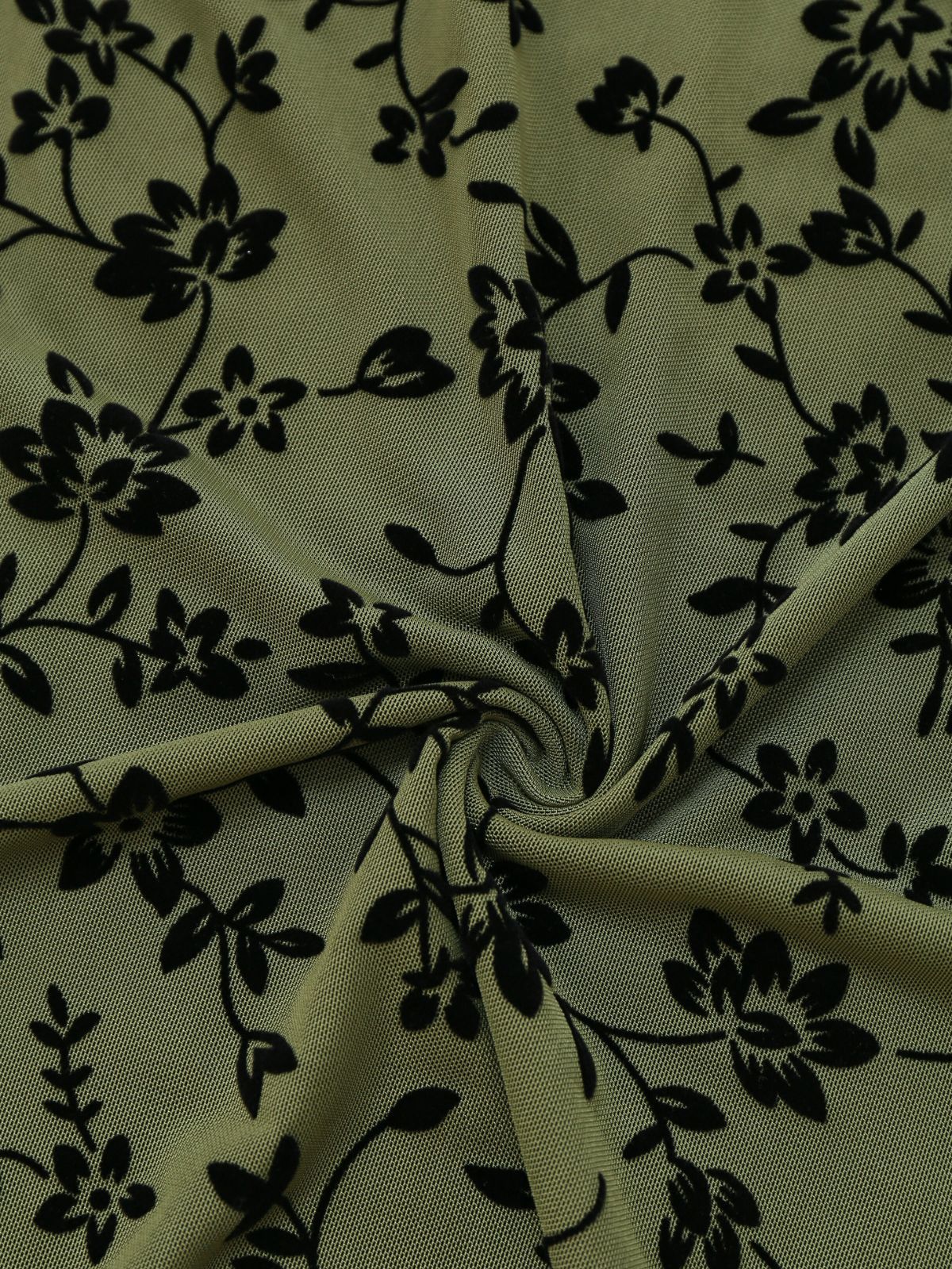 Green 1960s V-Neck Floral Flocked A-line Dress - Image 3