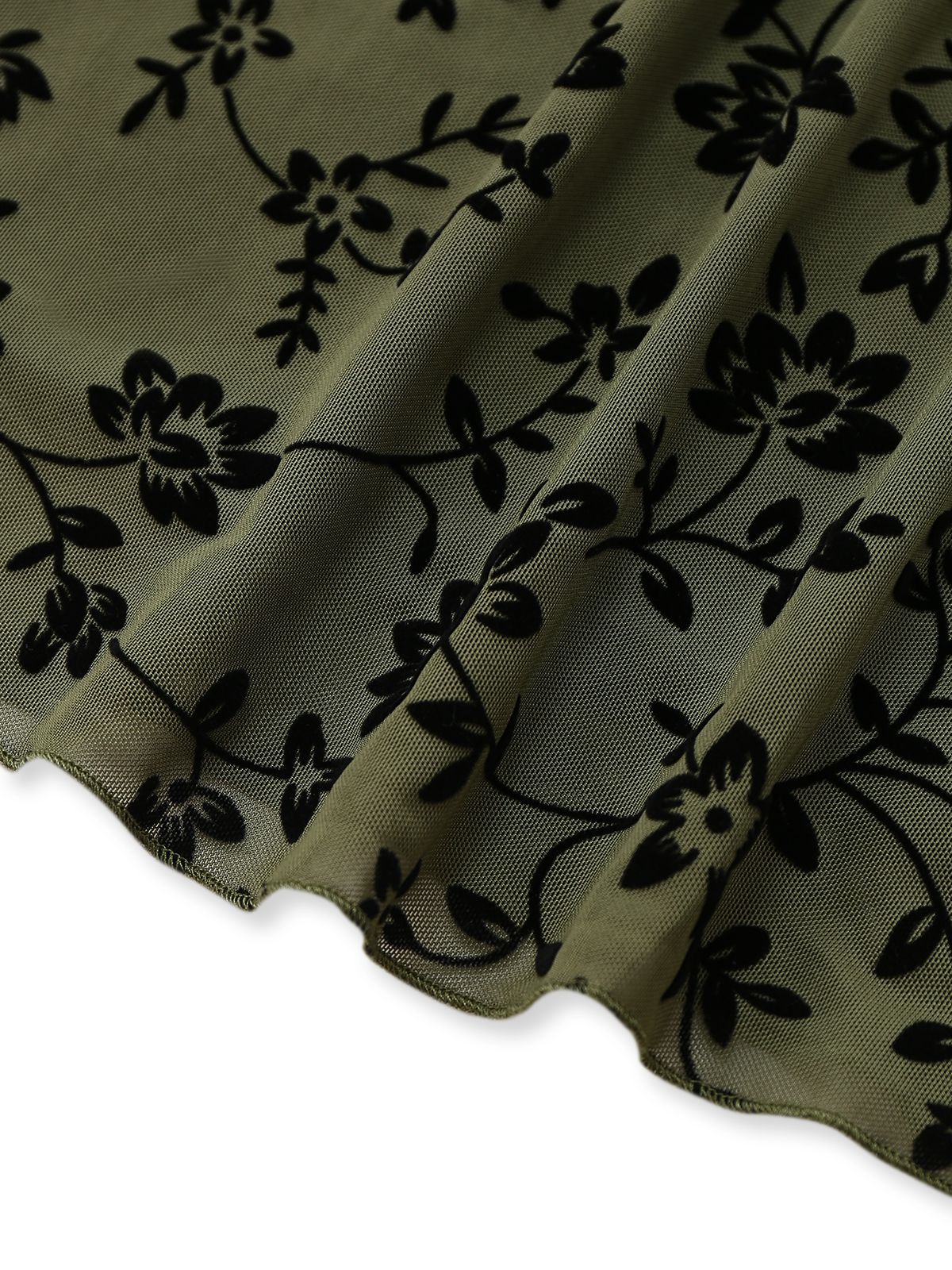 Green 1960s V-Neck Floral Flocked A-line Dress - Image 4