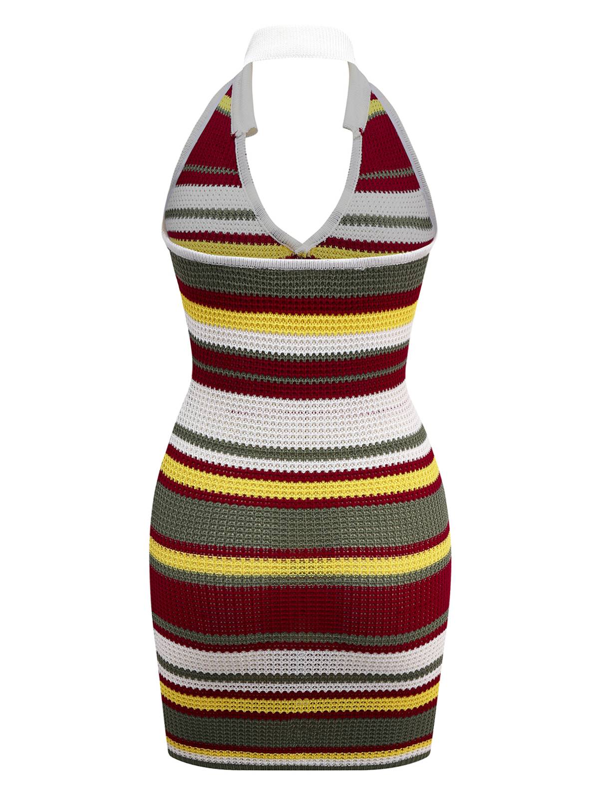 Green 1960s V-Neck Lapel Stripe Knit Dress - Image 2