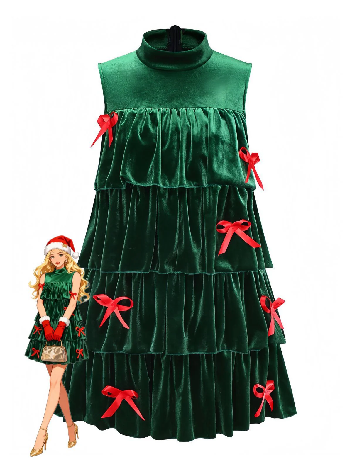 Green 1960s Velvet Bowknot Stand Collar Tiered Dress - Image 4