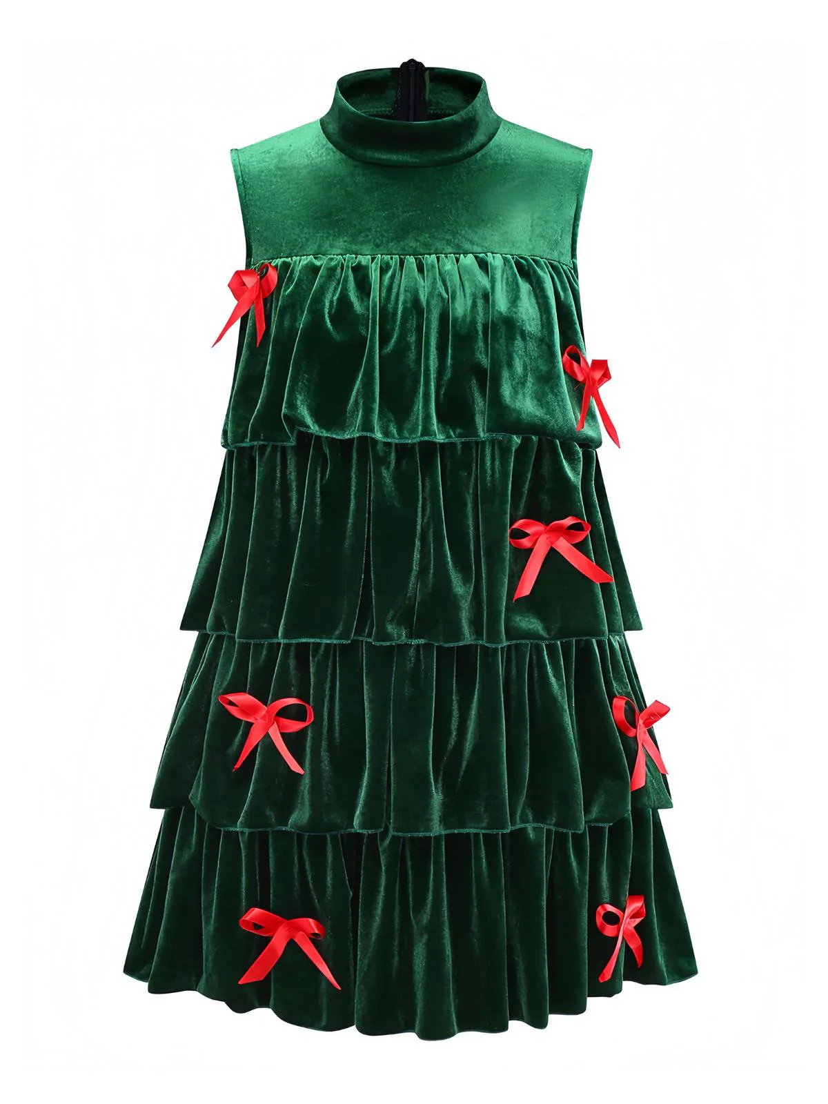Green 1960s Velvet Bowknot Stand Collar Tiered Dress - Image 5