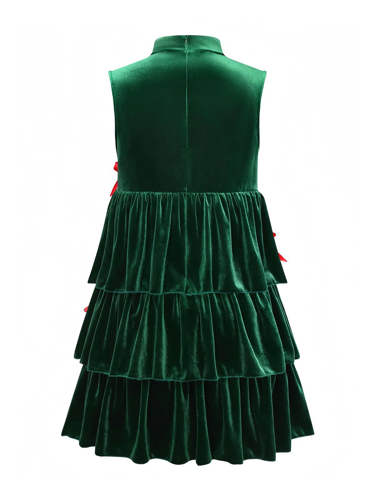 Green 1960s Velvet Bowknot Stand Collar Tiered Dress - Image 6