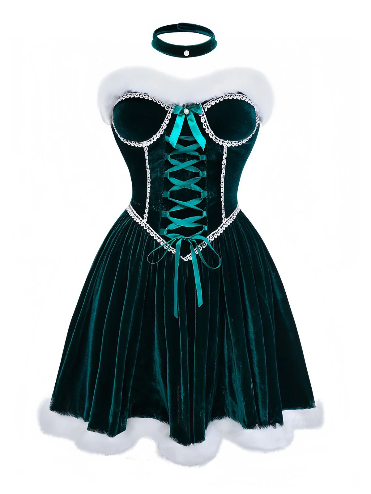 Green 1960s Velvet Fringe Strapless Mini Dress - Image 2